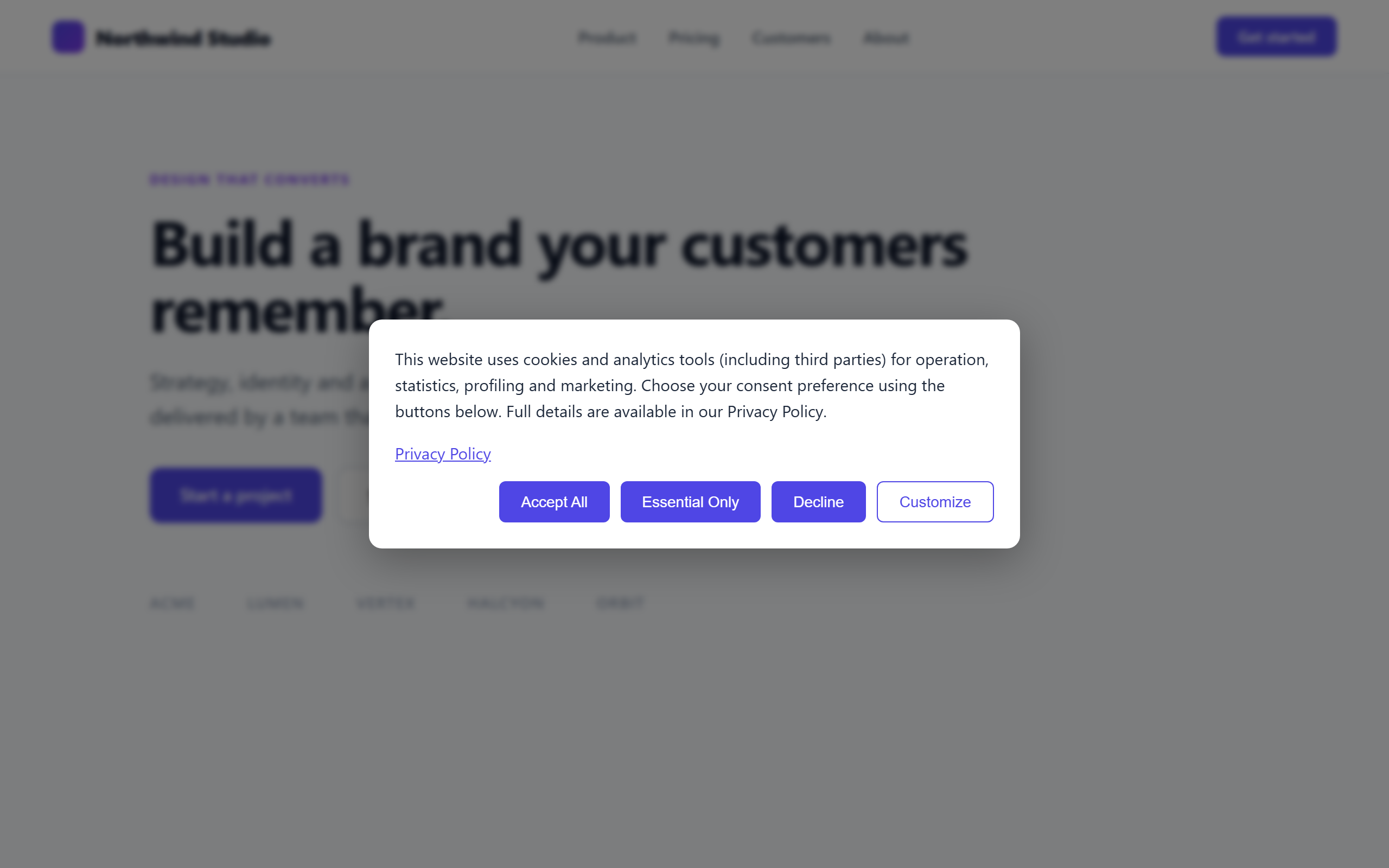 The consent banner - Accept All / Essential Only / Decline, plus a "Customize" option, shown over a live site.