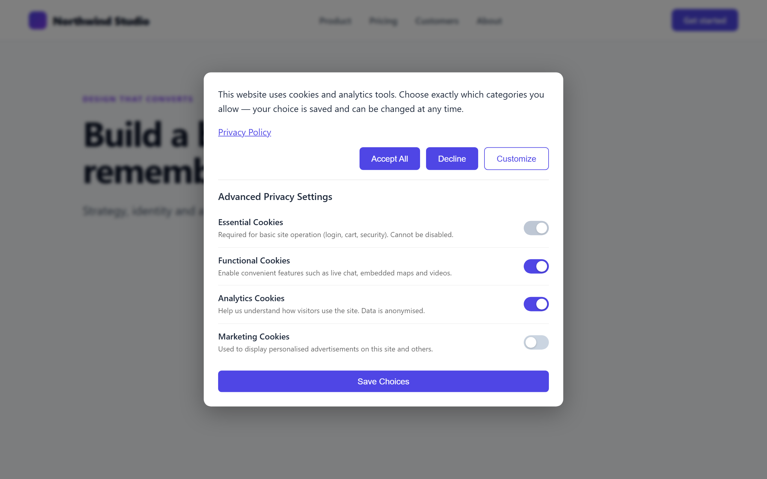 Granular per-category consent. Visitors toggle Functional, Analytics and Marketing independently; Essential is always on.