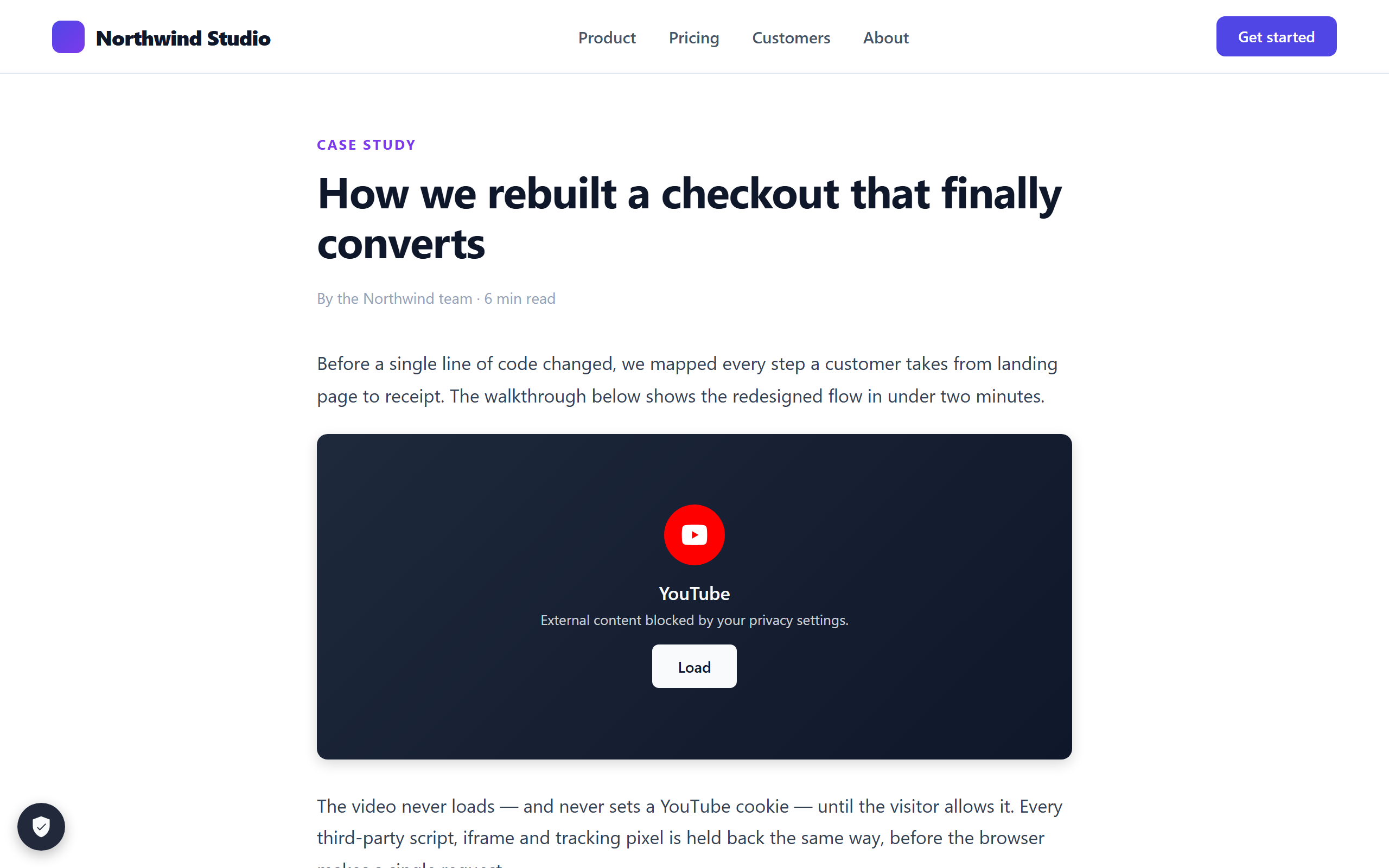 Real script blocking. Third-party embeds (YouTube, Maps, etc.) are replaced with a click-to-load placeholder and never load until allowed. The floating privacy button (bottom-left) lets visitors change their choice at any time.