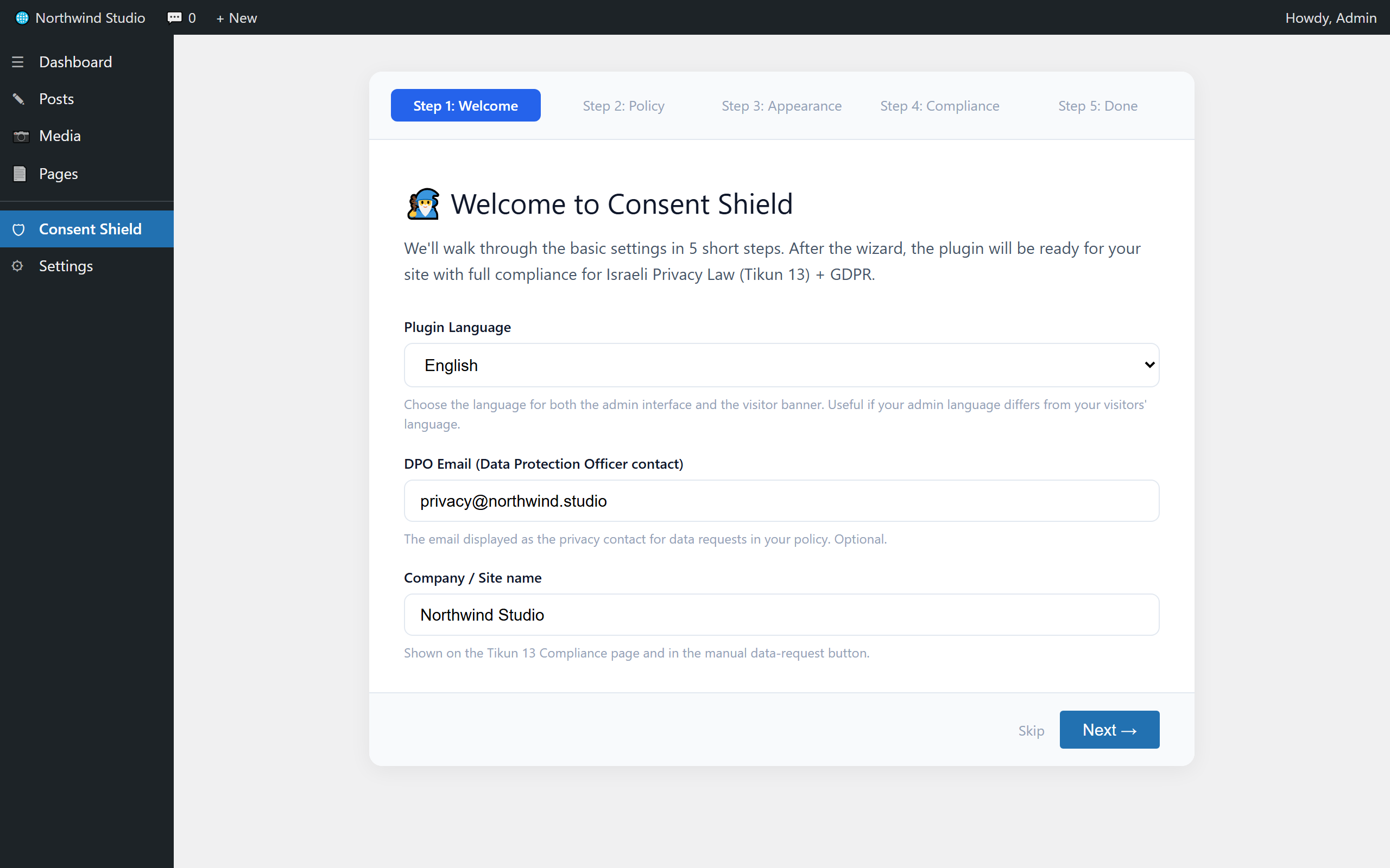 The guided 5-step Setup Wizard, including the plugin-language selector.