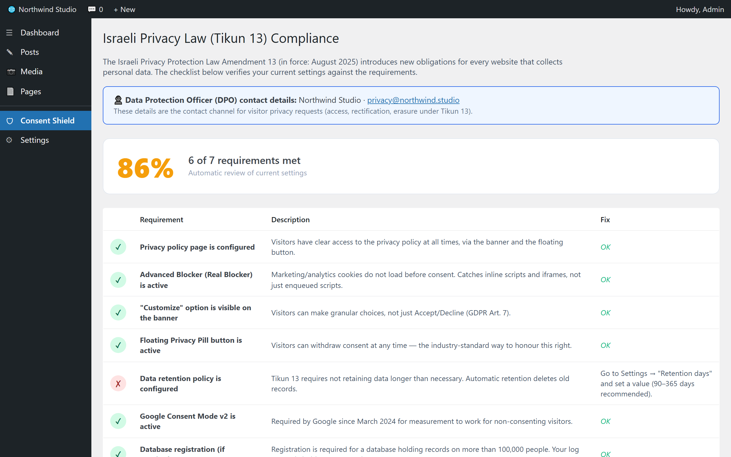 The Israeli Privacy Law (Tikun 13) compliance checklist - an automatic score against the core requirements.