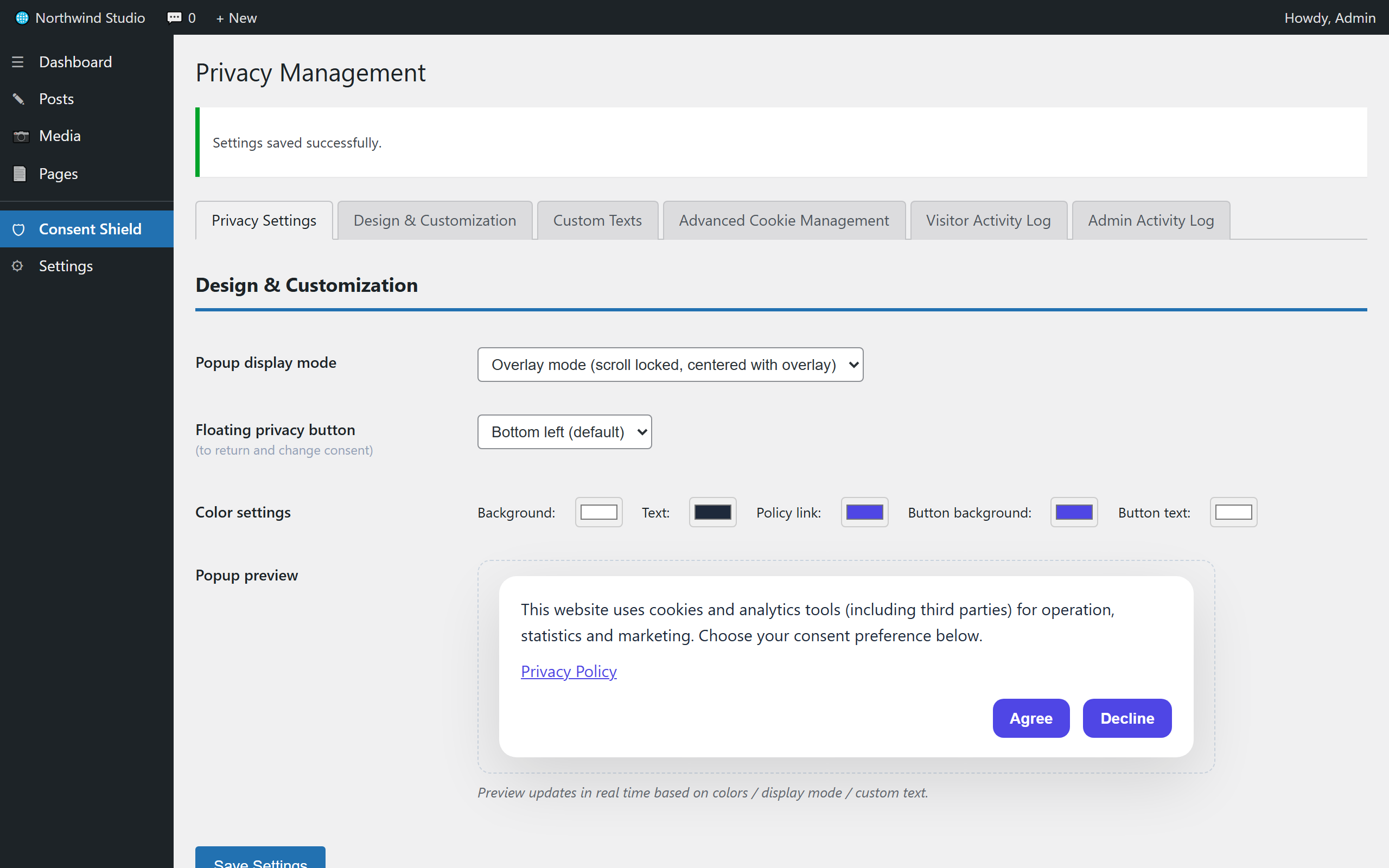 Design & Customization settings with a live banner preview that updates as you edit colors and text.