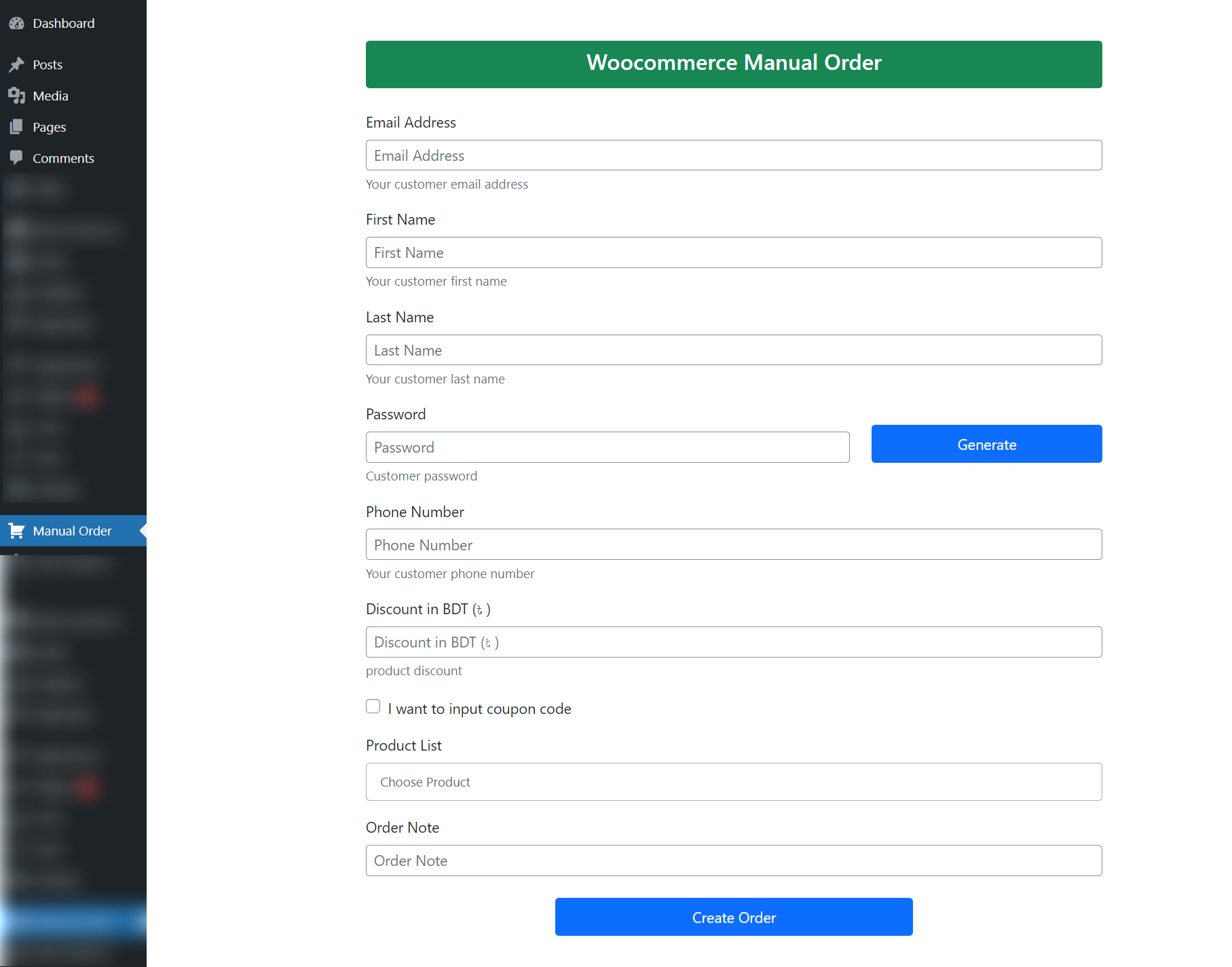 Manual order form