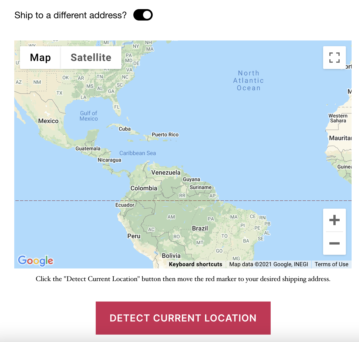 Checkout Page Map View (Before customer clicks "Detect Current Location" button)