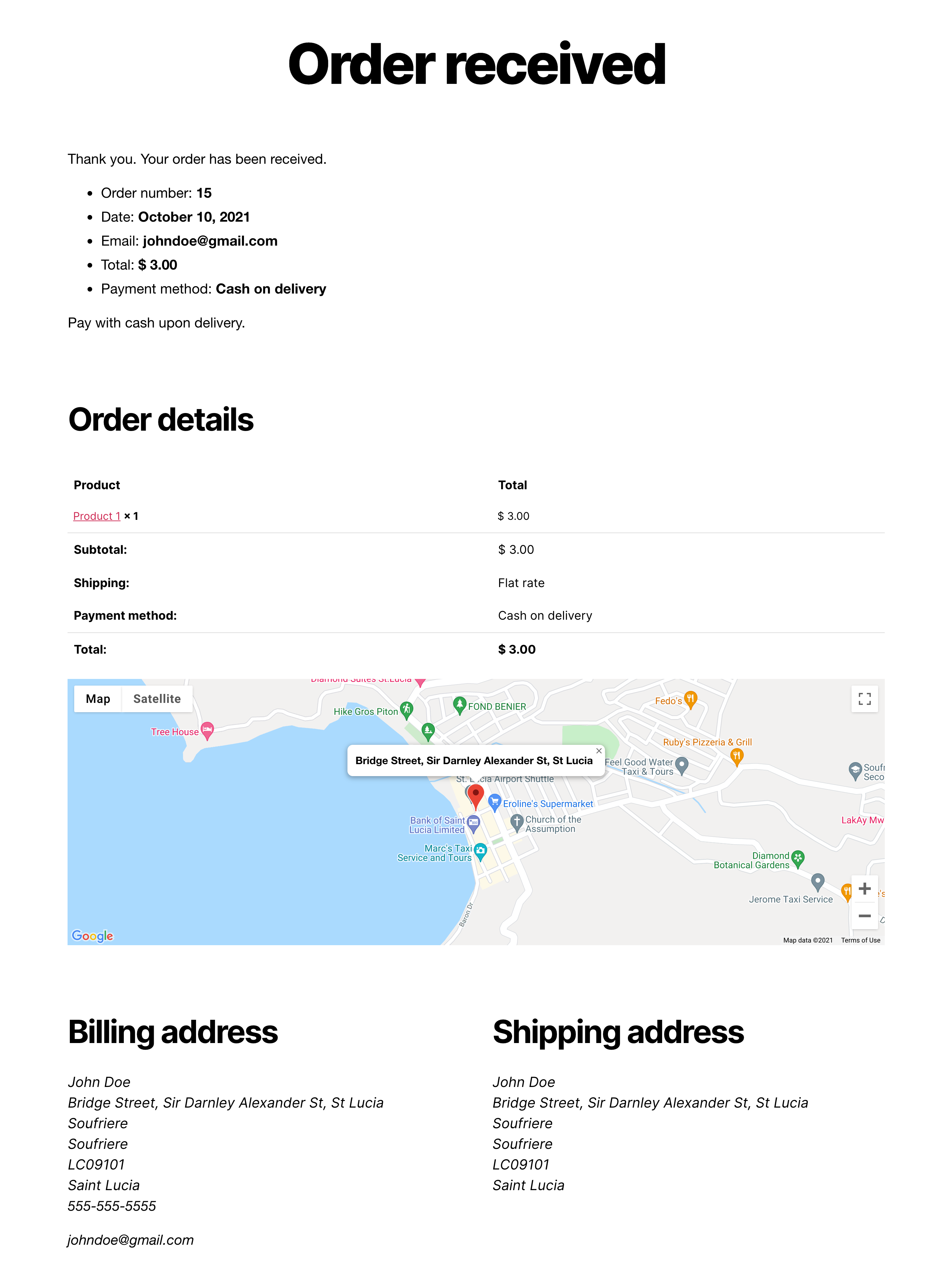 Order Received Page with Map