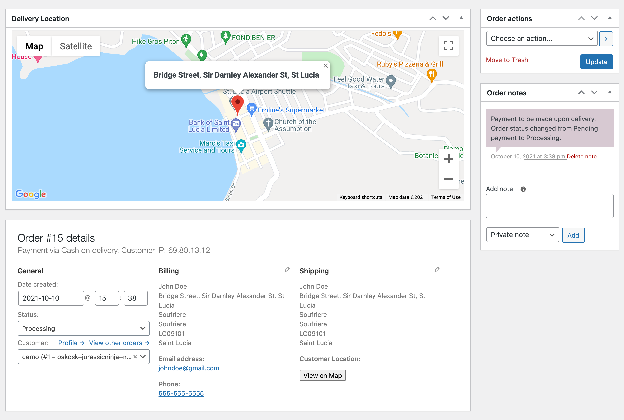 Map view of the customer delivery location on shop order page (in the WordPress dashboard)