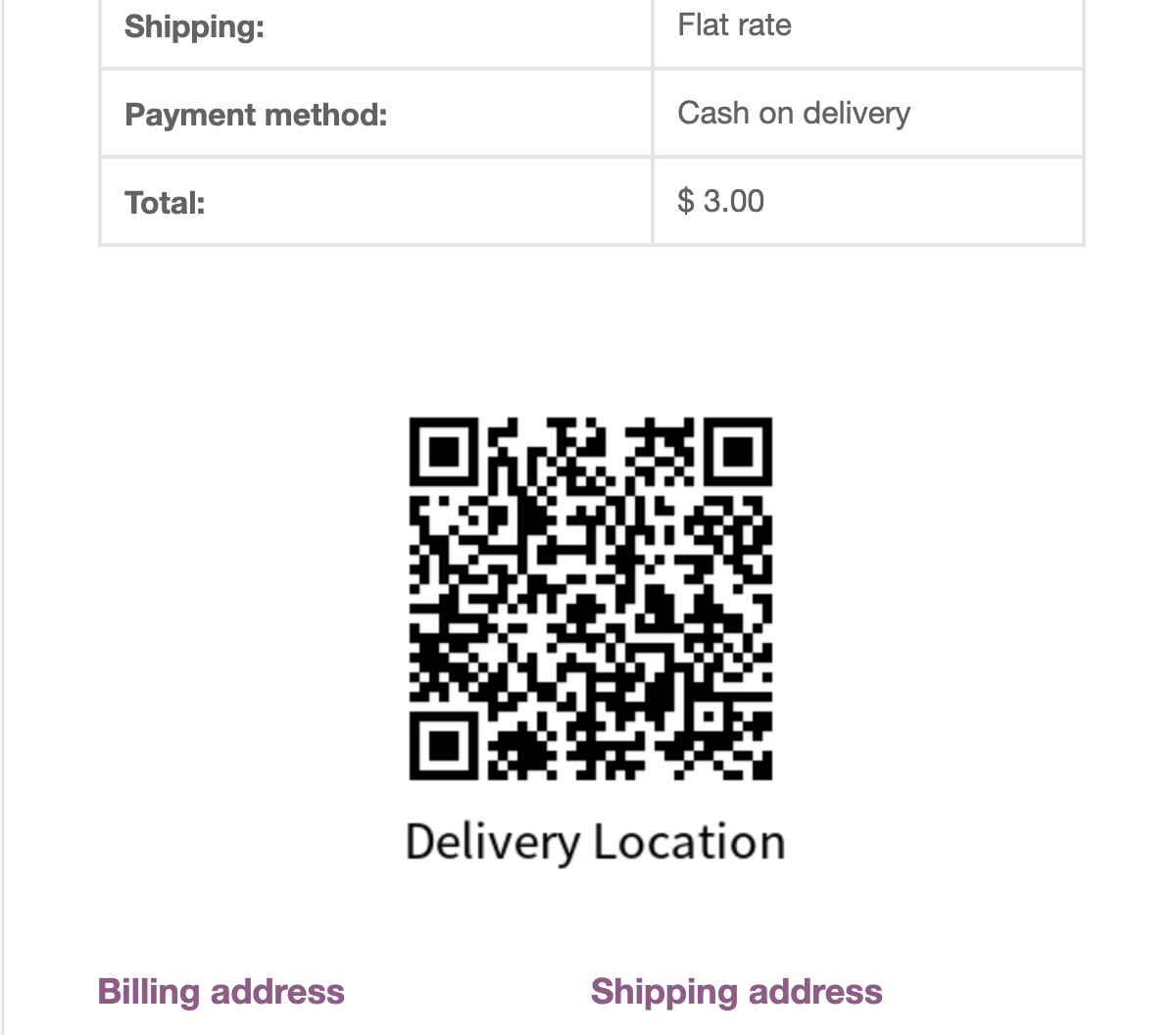 Delivery location QR Code inside email (goes to customer selected location when scanned)