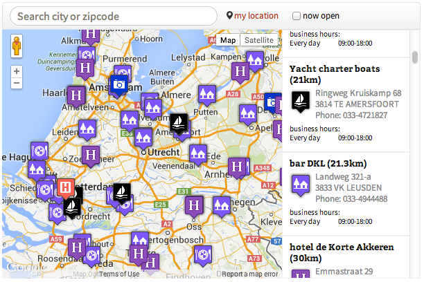 Map pins with map, list and search bar