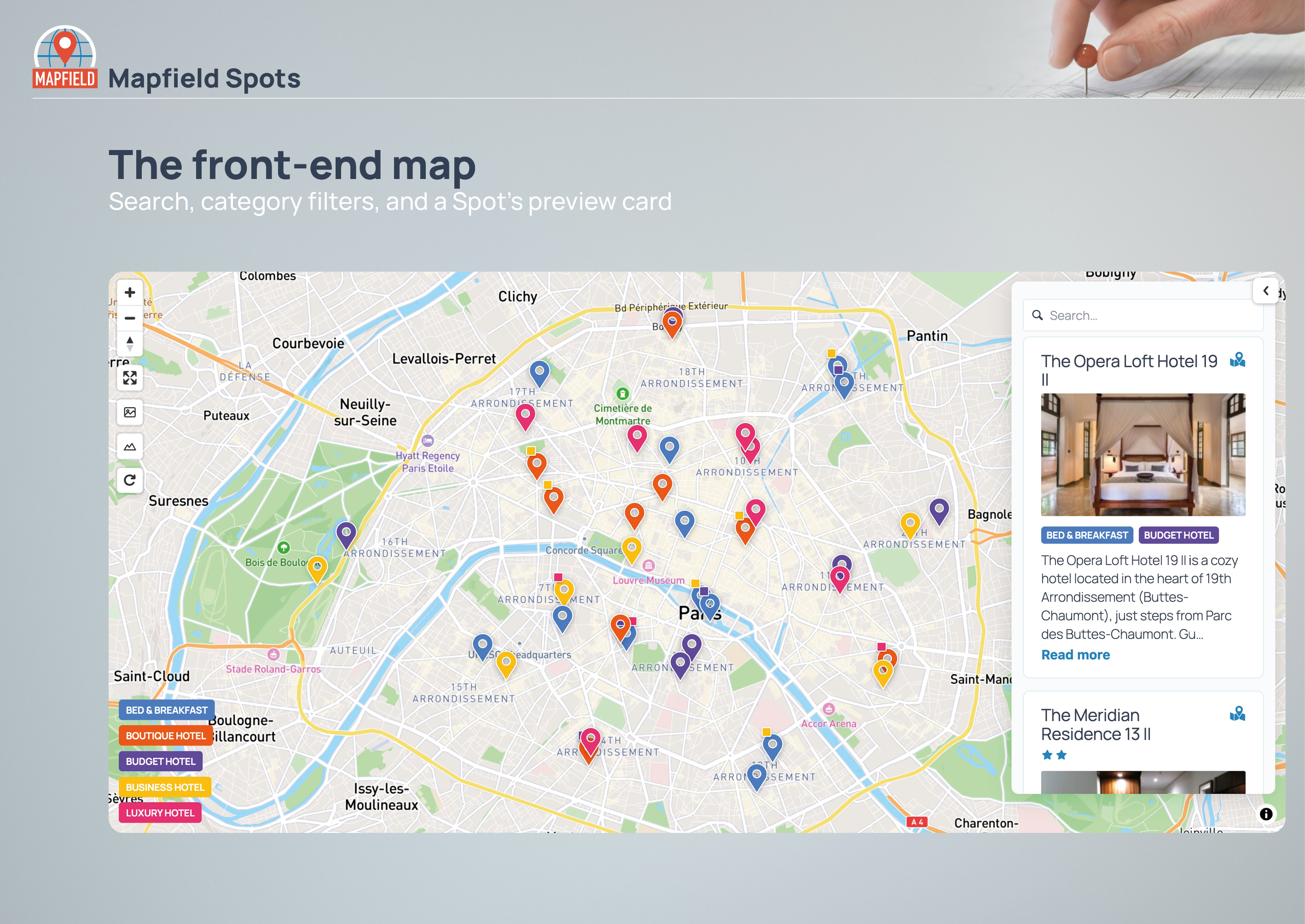 The front-end map: search, category filters, and a Spot's preview card.