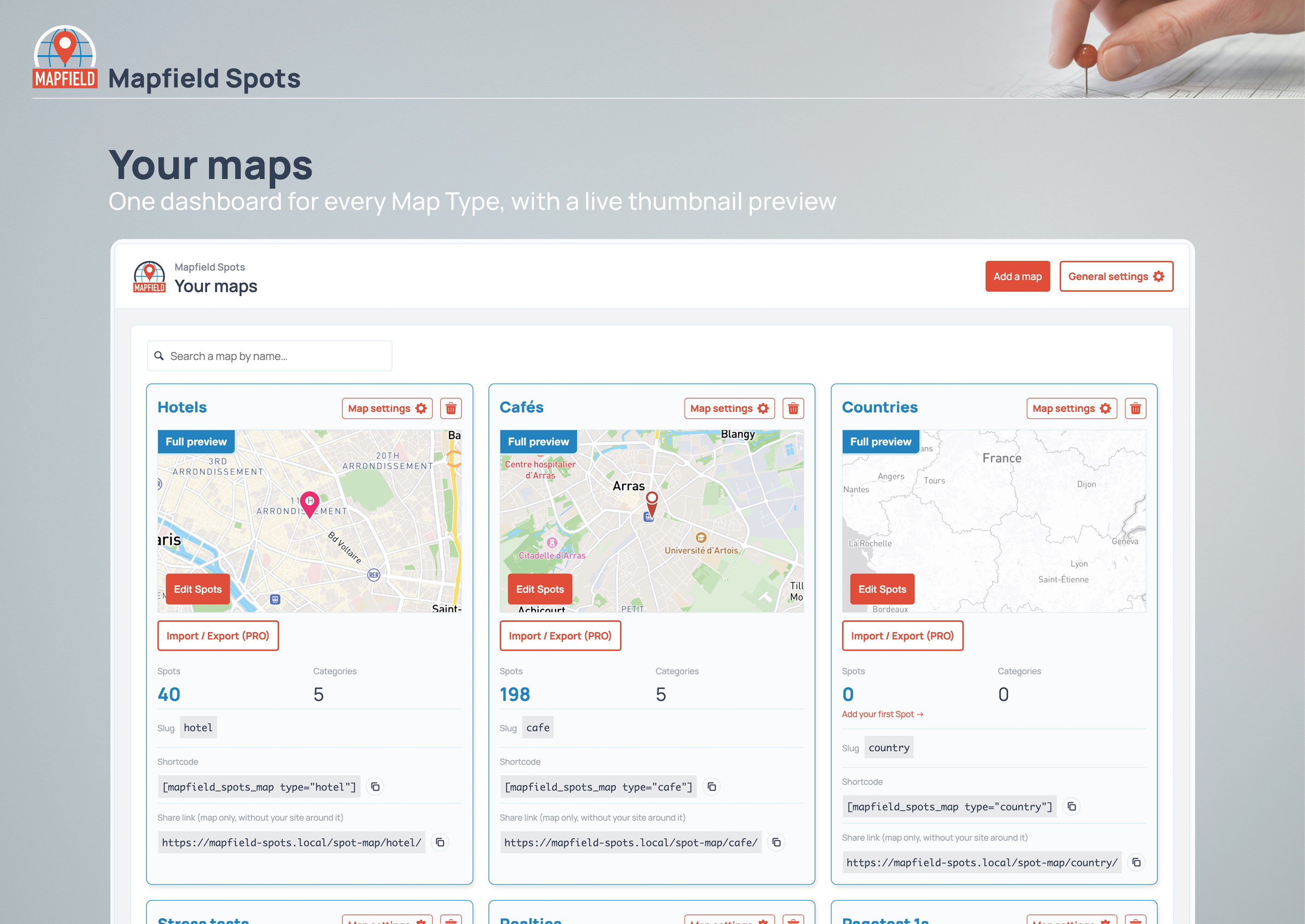 Your maps — one dashboard for every Map Type, with a live thumbnail preview.