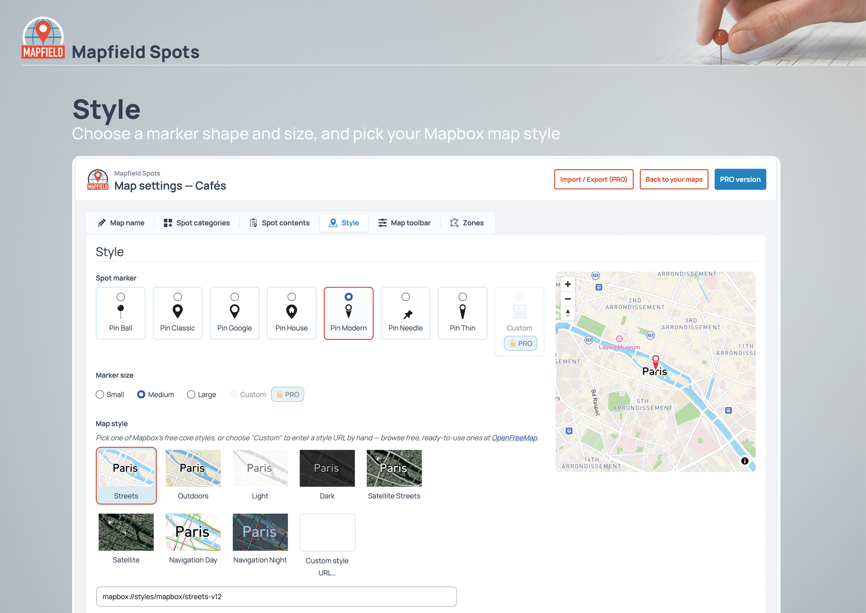 Style: choose a marker shape and size, and pick your Mapbox map style.