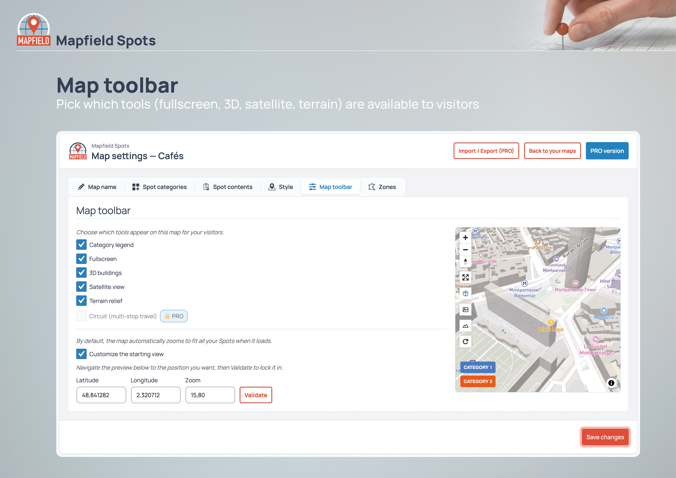 Map toolbar: pick which tools (fullscreen, 3D, satellite, terrain) are available to visitors.