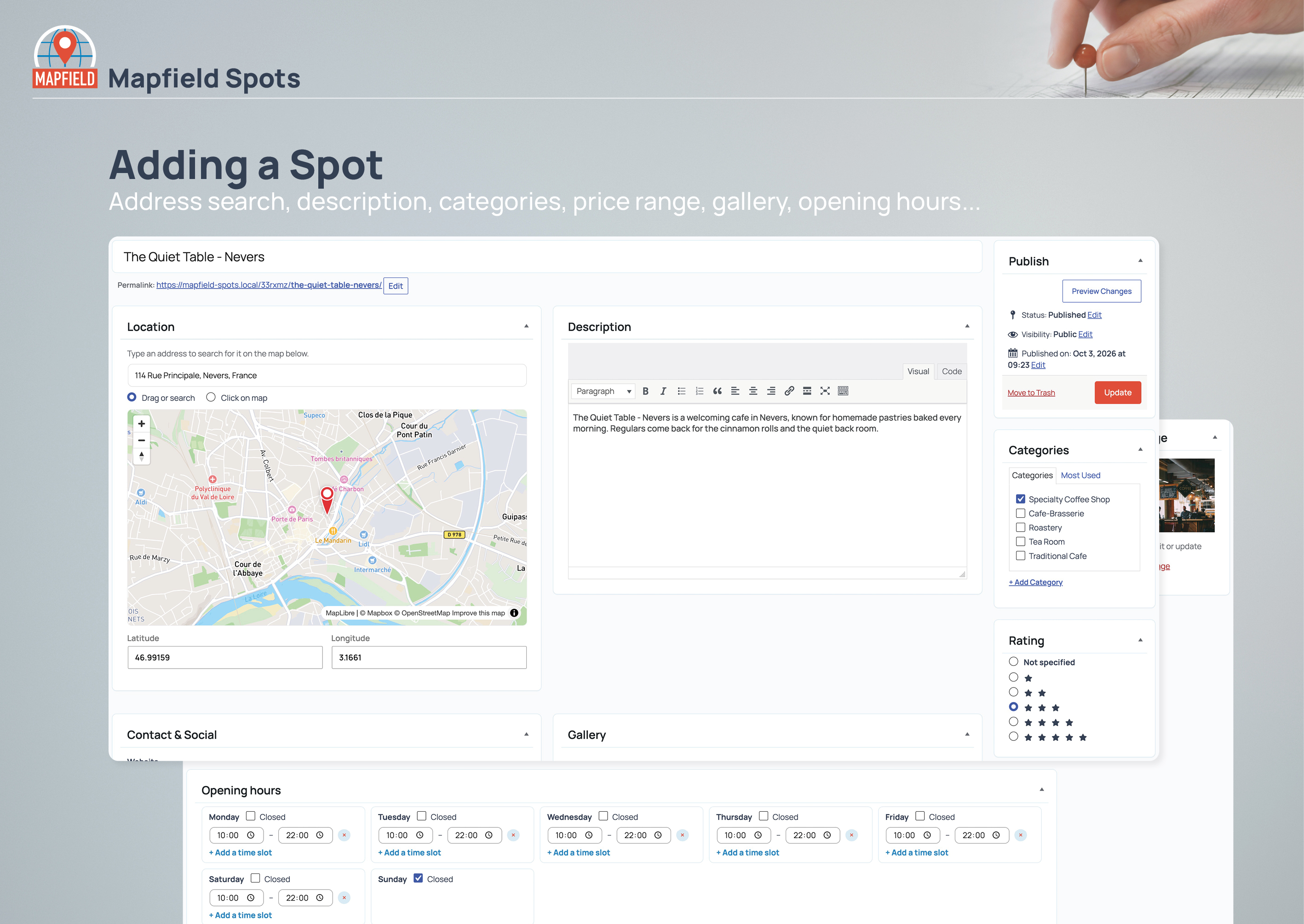 Adding a Spot: address search, description, categories, price range, gallery, and opening hours — all from the post editor.