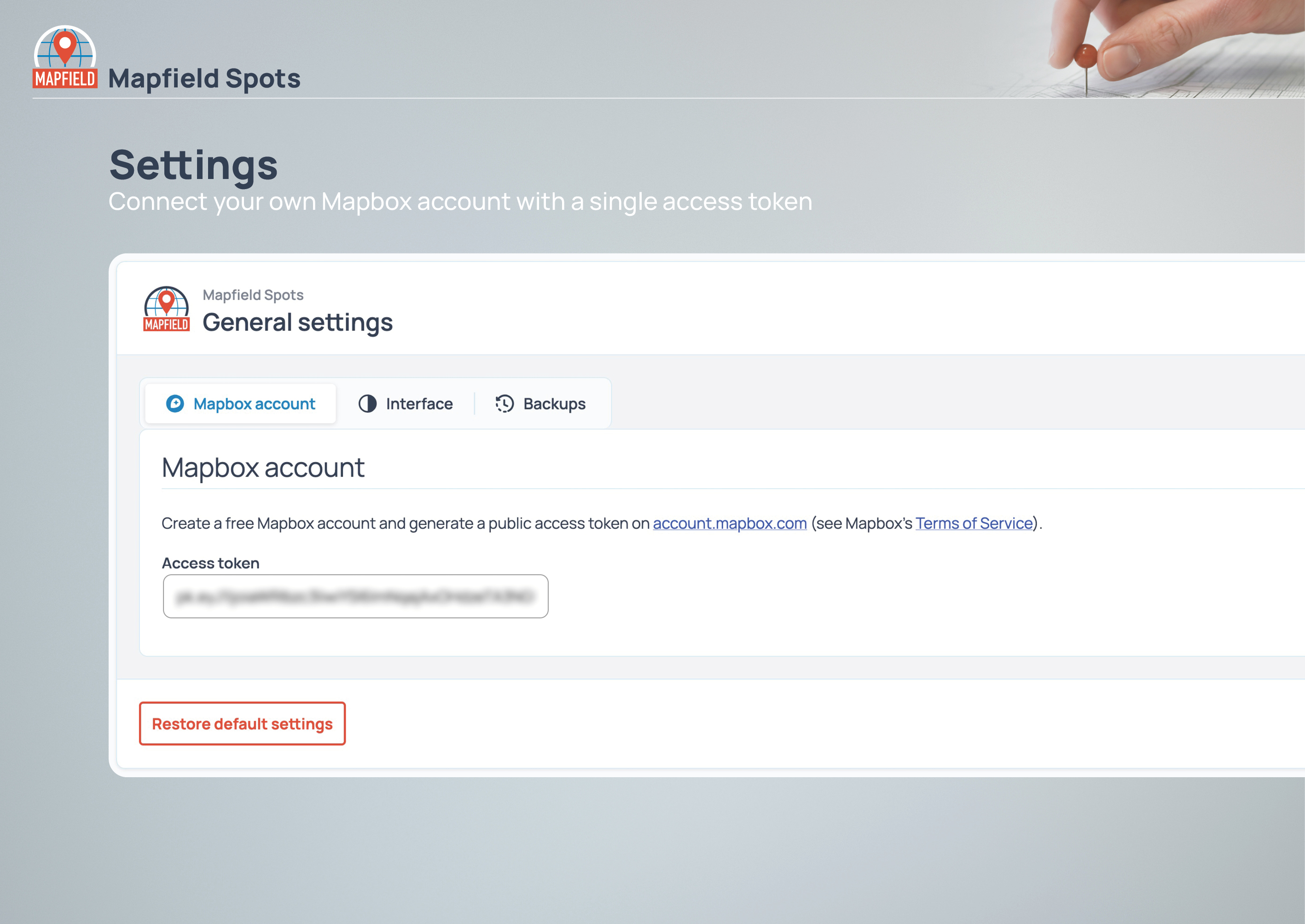 Settings: connect your own Mapbox account with a single access token.