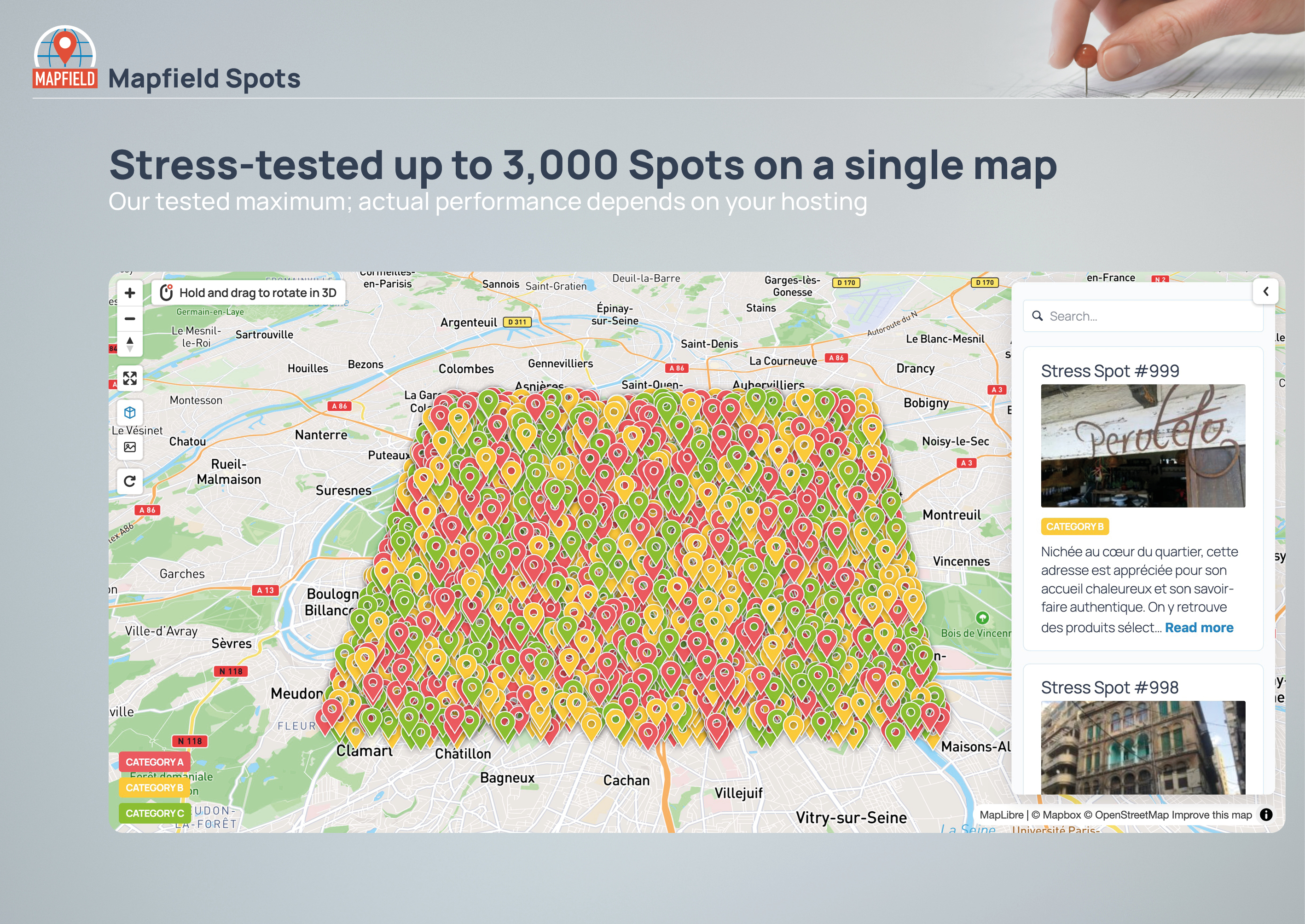 Stress-tested up to 3,000 Spots on a single map — our tested maximum; actual performance depends on your hosting.