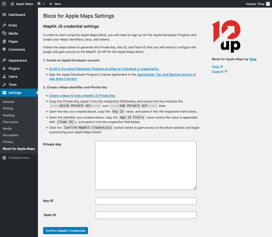 Block settings page showing MapKit JS credential fields