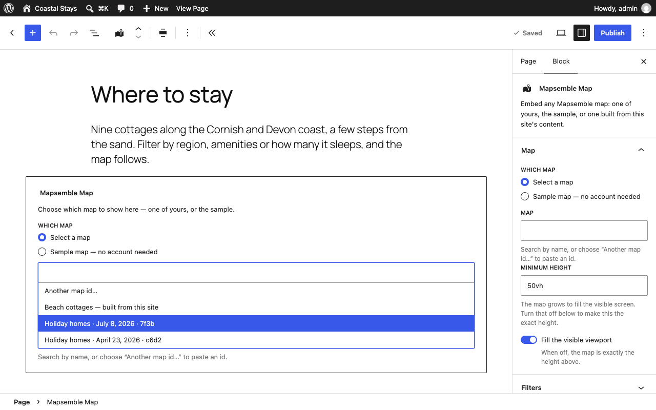 The Mapsemble Map block: search your maps by name; same-named maps show their date and short id.