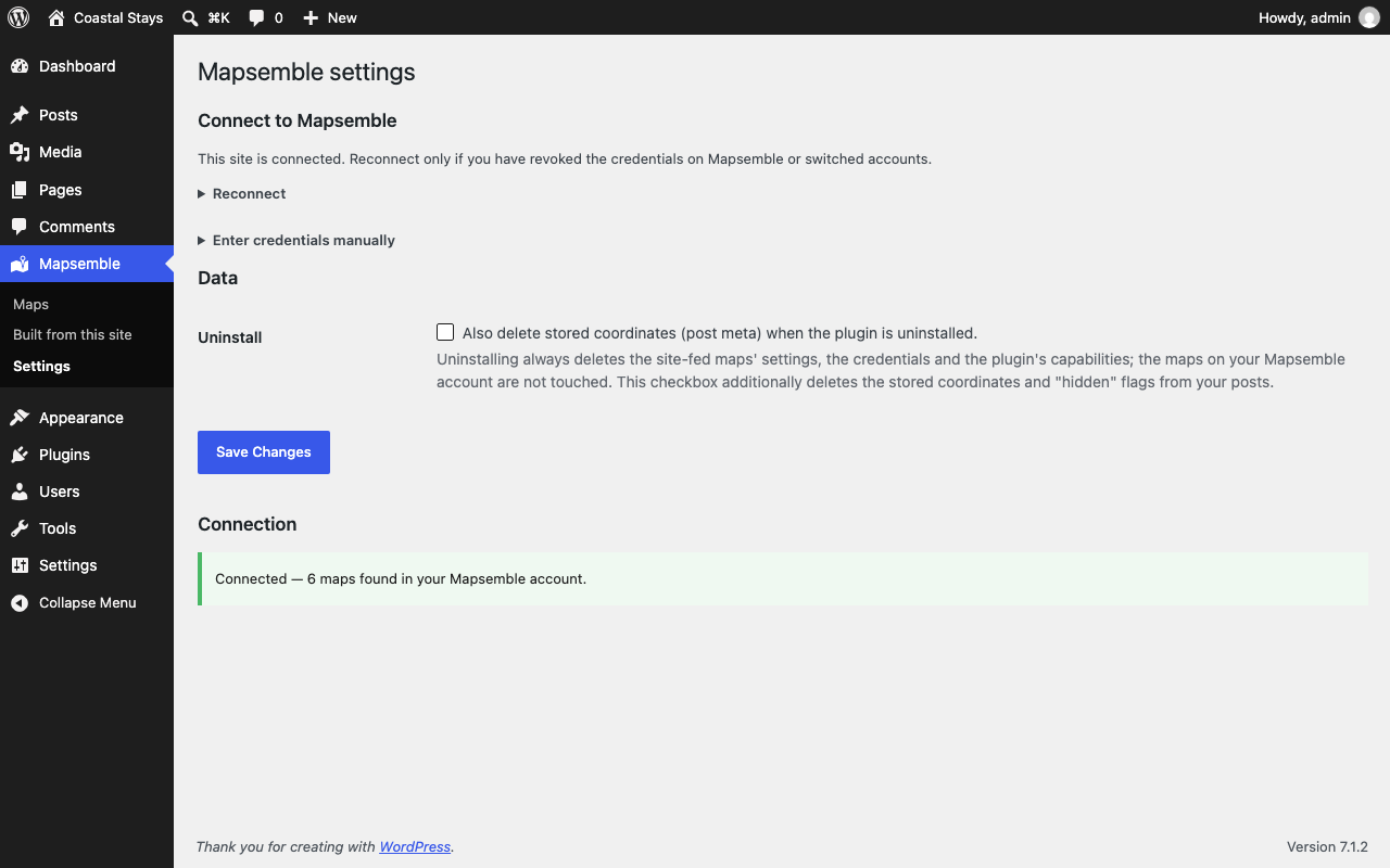Settings once connected: how many maps your Mapsemble account holds, with reconnecting folded away.