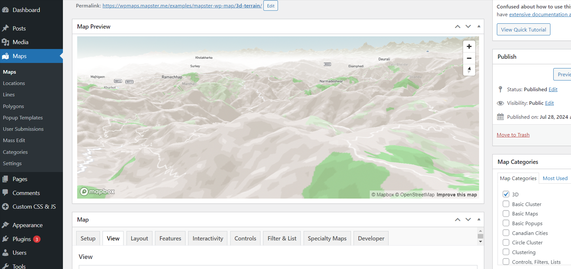 Map creation interface with a 3D terrain map.