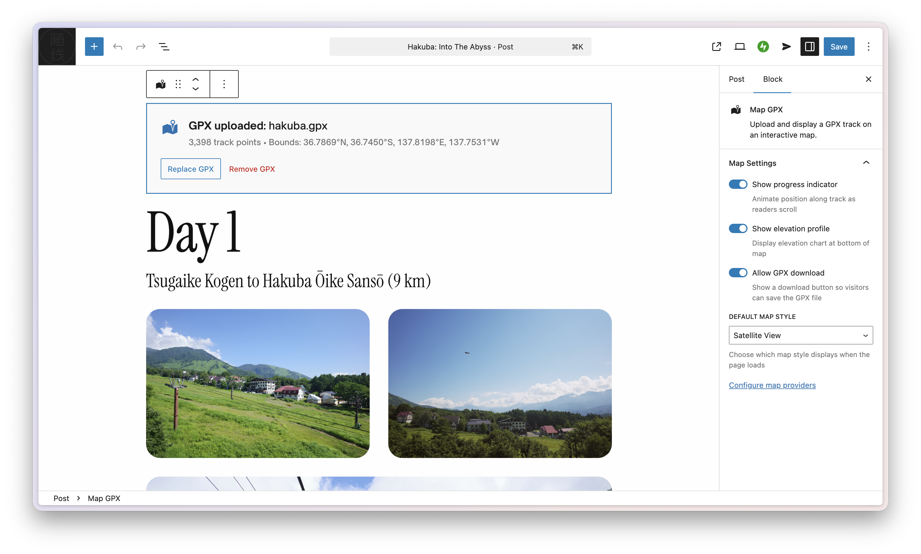 Editor view - Map GPX block settings