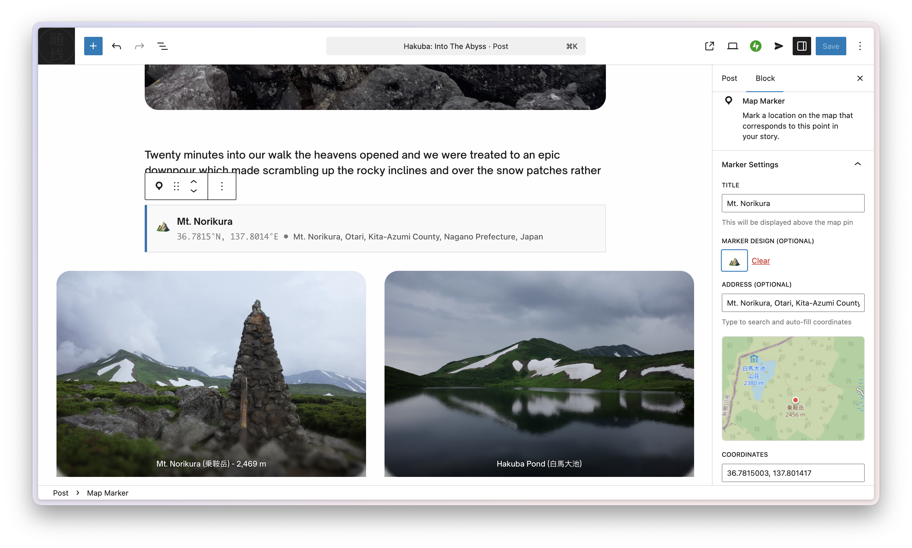 Editor view - Map Marker block settings