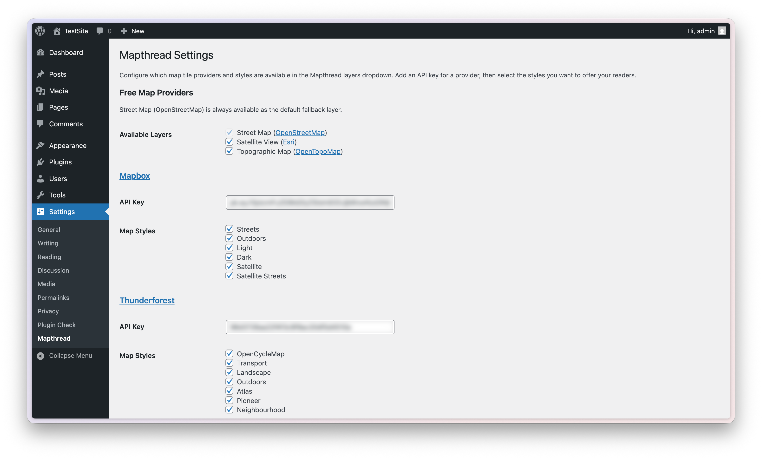 Mapthread settings - API keys for additional map providers