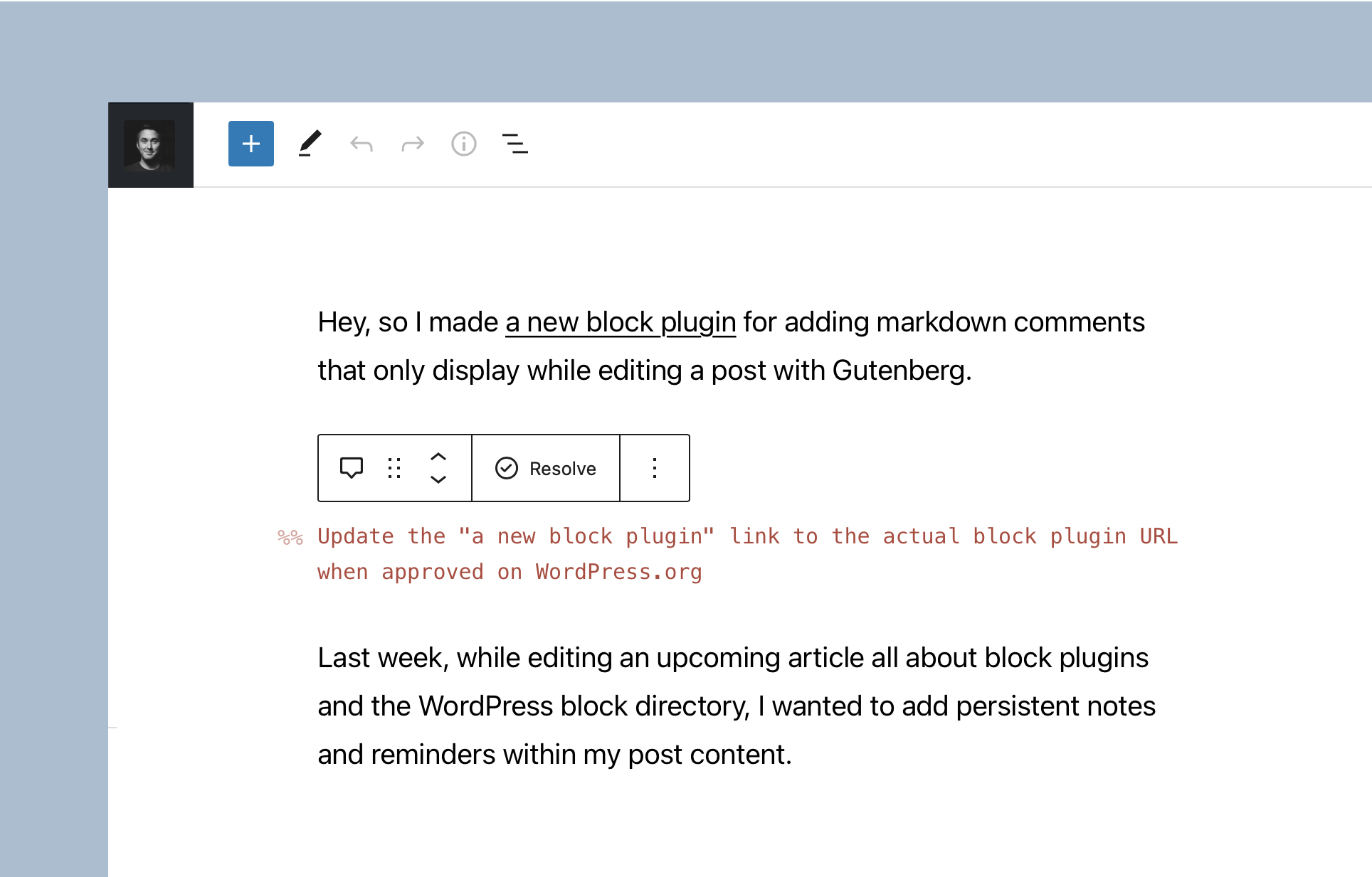 Quickly resolve comments from the block toolbar.