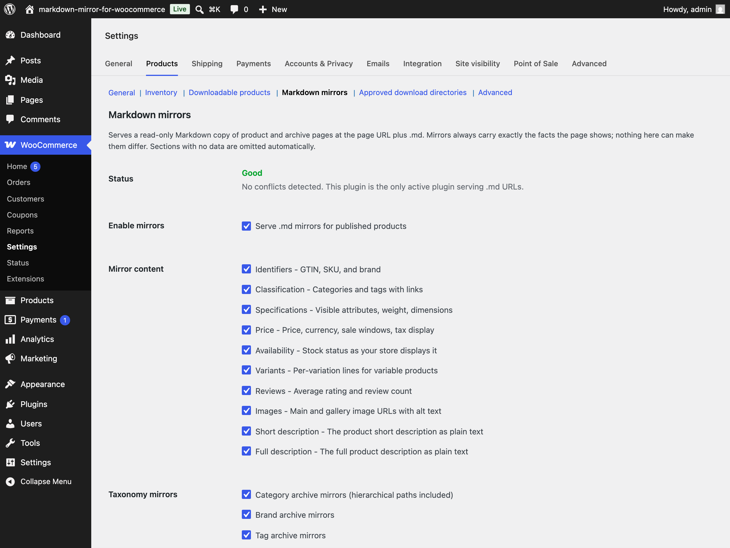 The Markdown mirrors section under WooCommerce, Settings, Products.