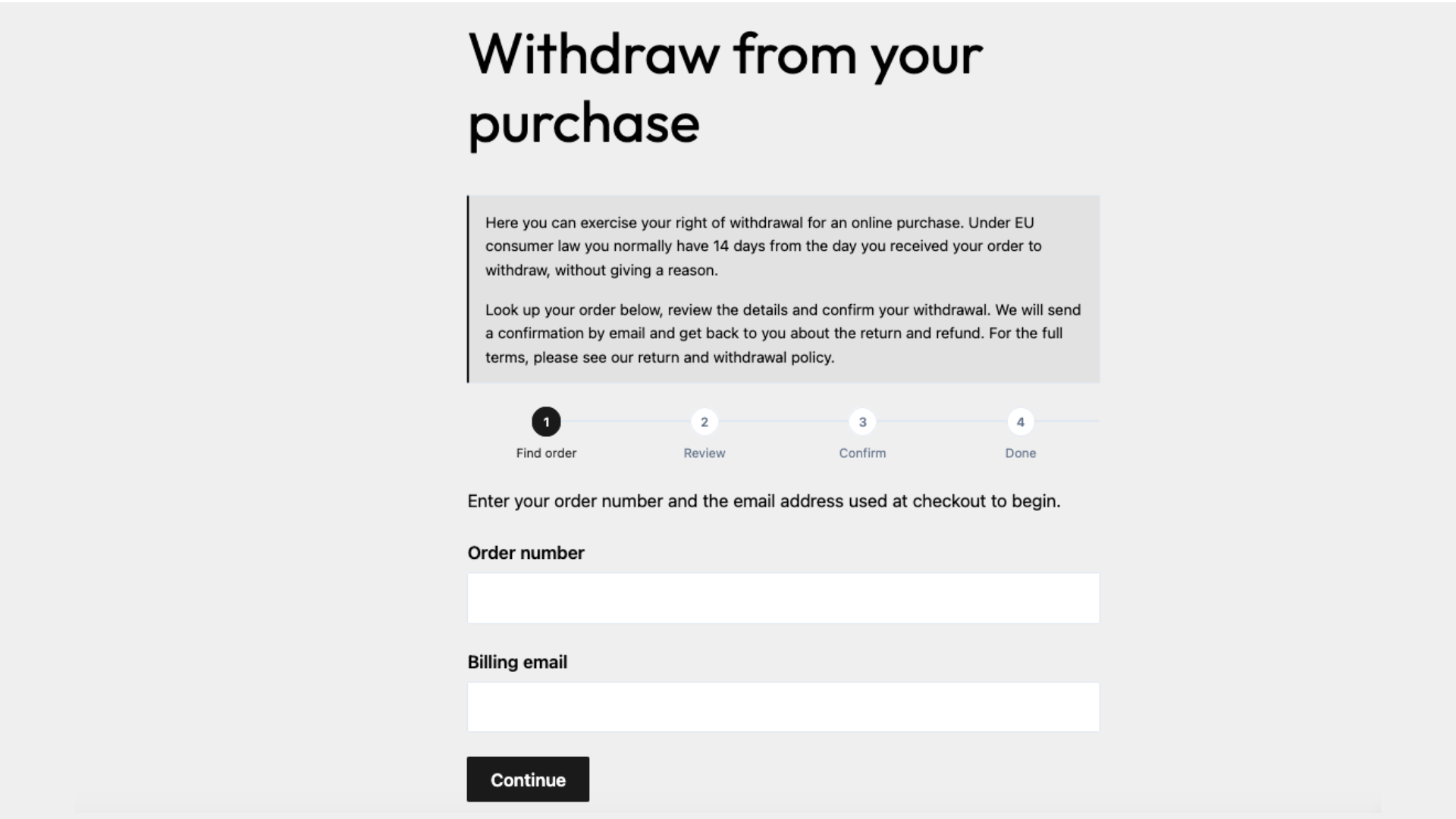 Order lookup — customer enters order number and billing email.