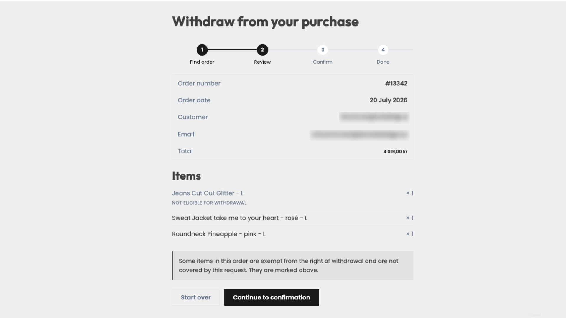 Order review — order, customer and line items, with excluded items marked when configured.