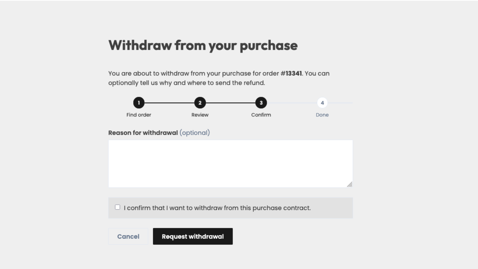 Confirmation — checkbox, optional reason, and optional refund account field.