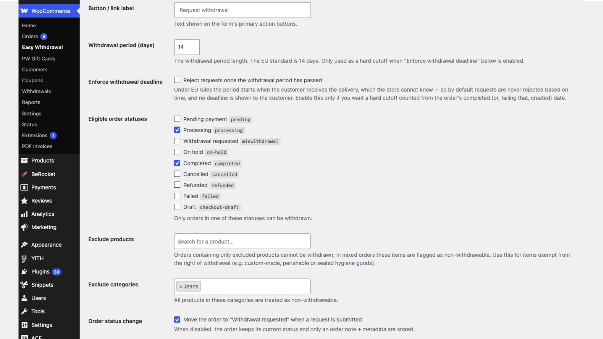 Easy Withdrawal settings — period, statuses, exclusions, page and appearance options.