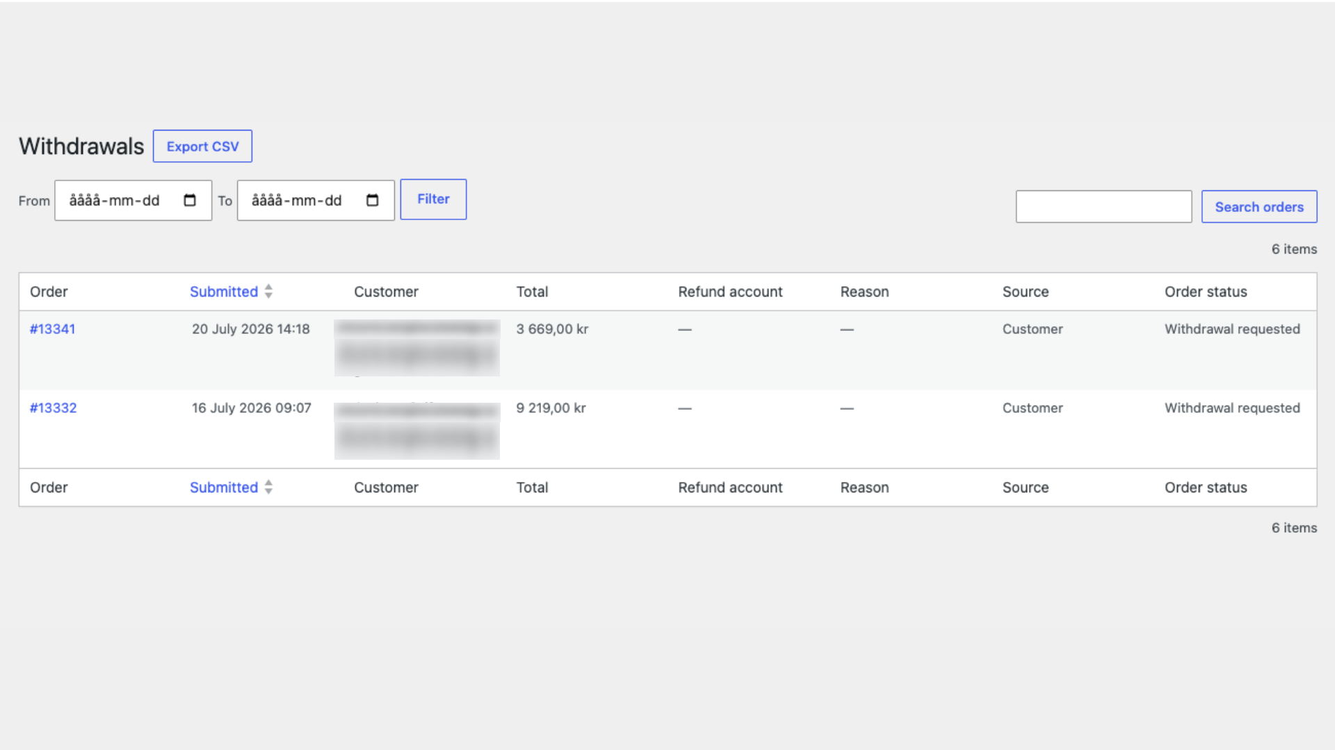Withdrawals admin list — searchable list of submitted requests with CSV export.