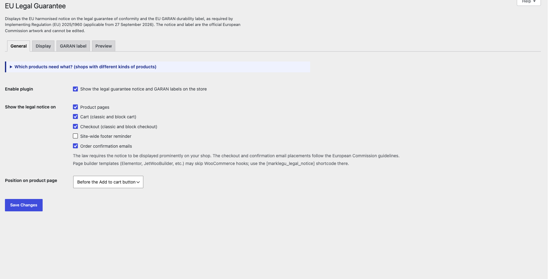 General settings: choose where the legal guarantee notice appears (product pages, cart, checkout, footer, order emails).
