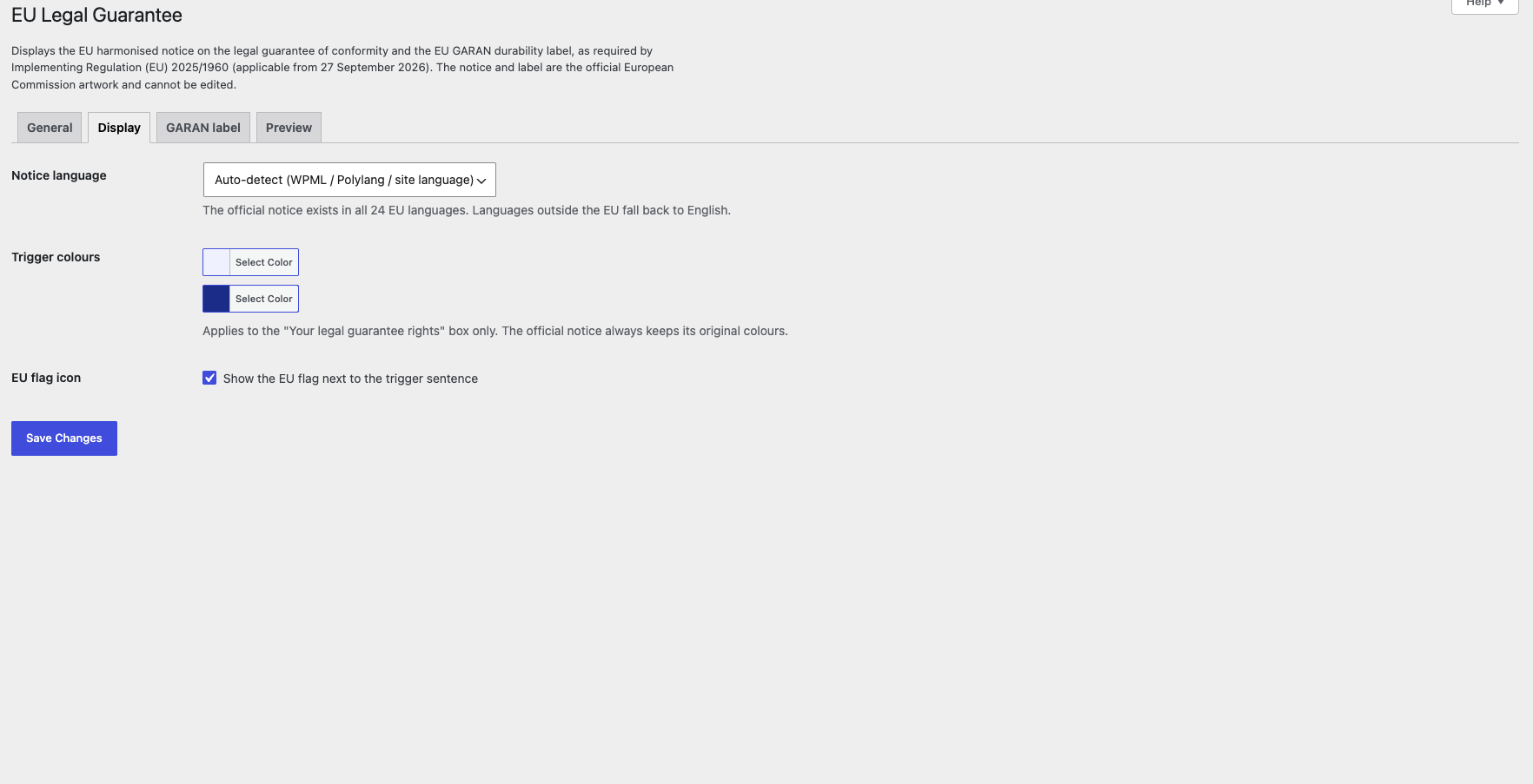 Display settings: notice language (auto-detected with WPML or Polylang), trigger colours and EU flag icon.