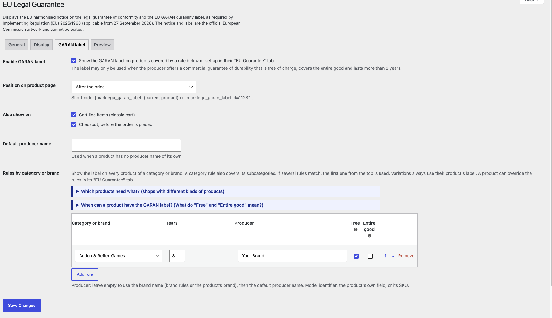 GARAN label settings: position, cart and checkout display, and label rules by category or brand.