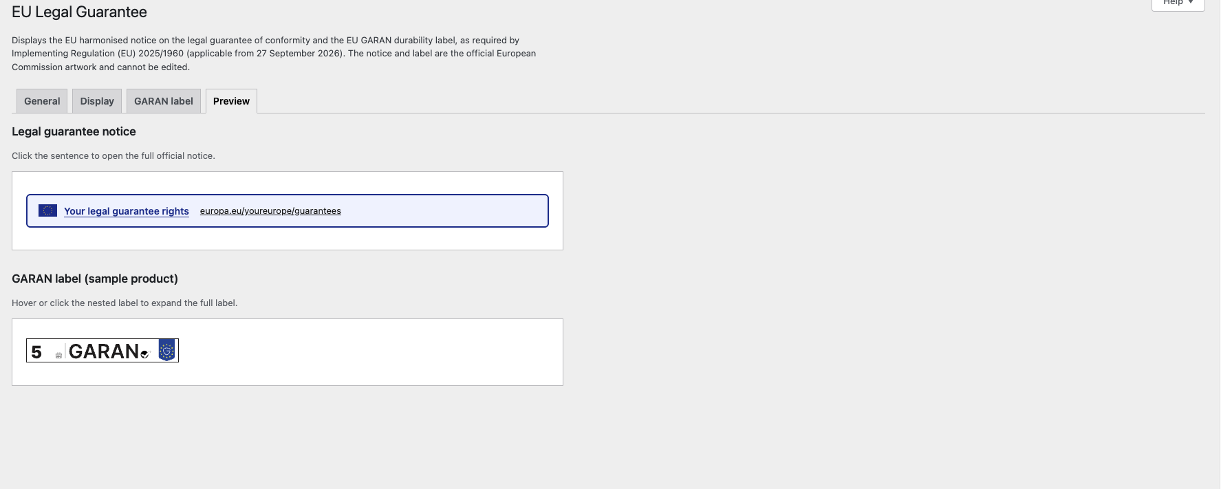 Preview of the "Your legal guarantee rights" trigger and the nested GARAN label.