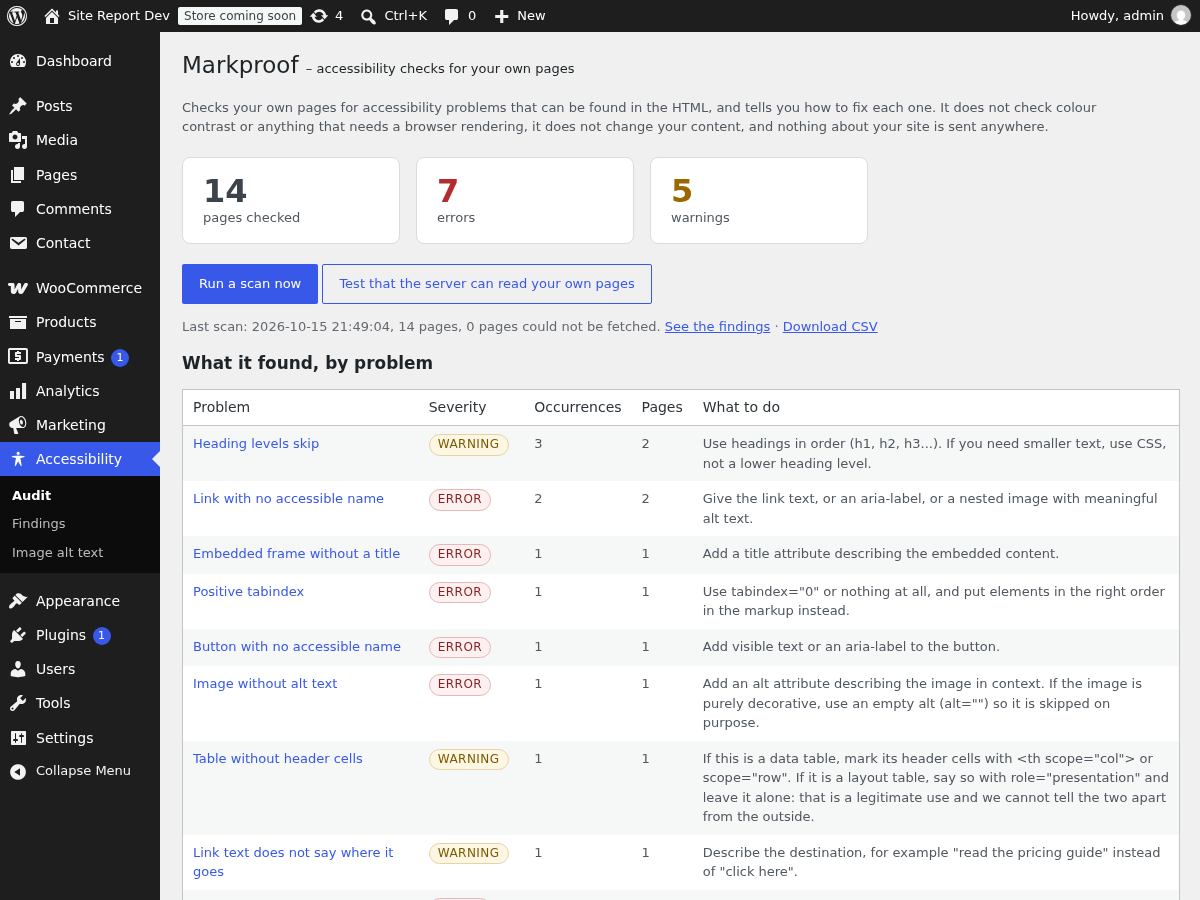 The dashboard: how many pages were checked, how many errors and warnings, and what to do about each problem.