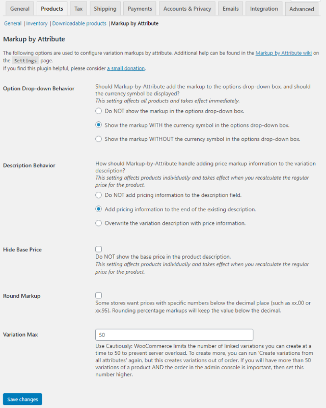 The settings page allows configuration of how the markup is displayed.