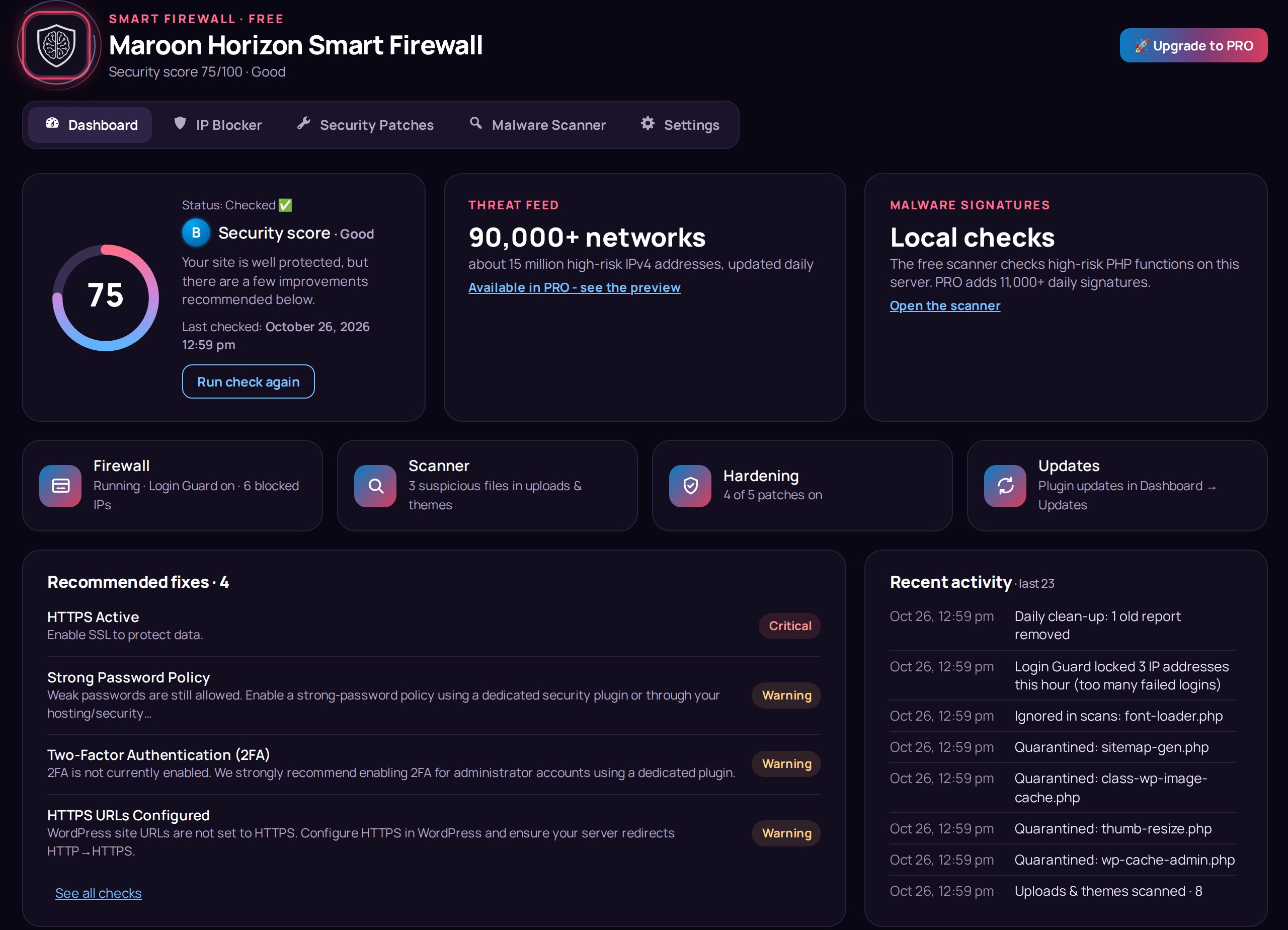 Dashboard – Overall Security Rating, recommended fixes and the Recent activity log at a glance.