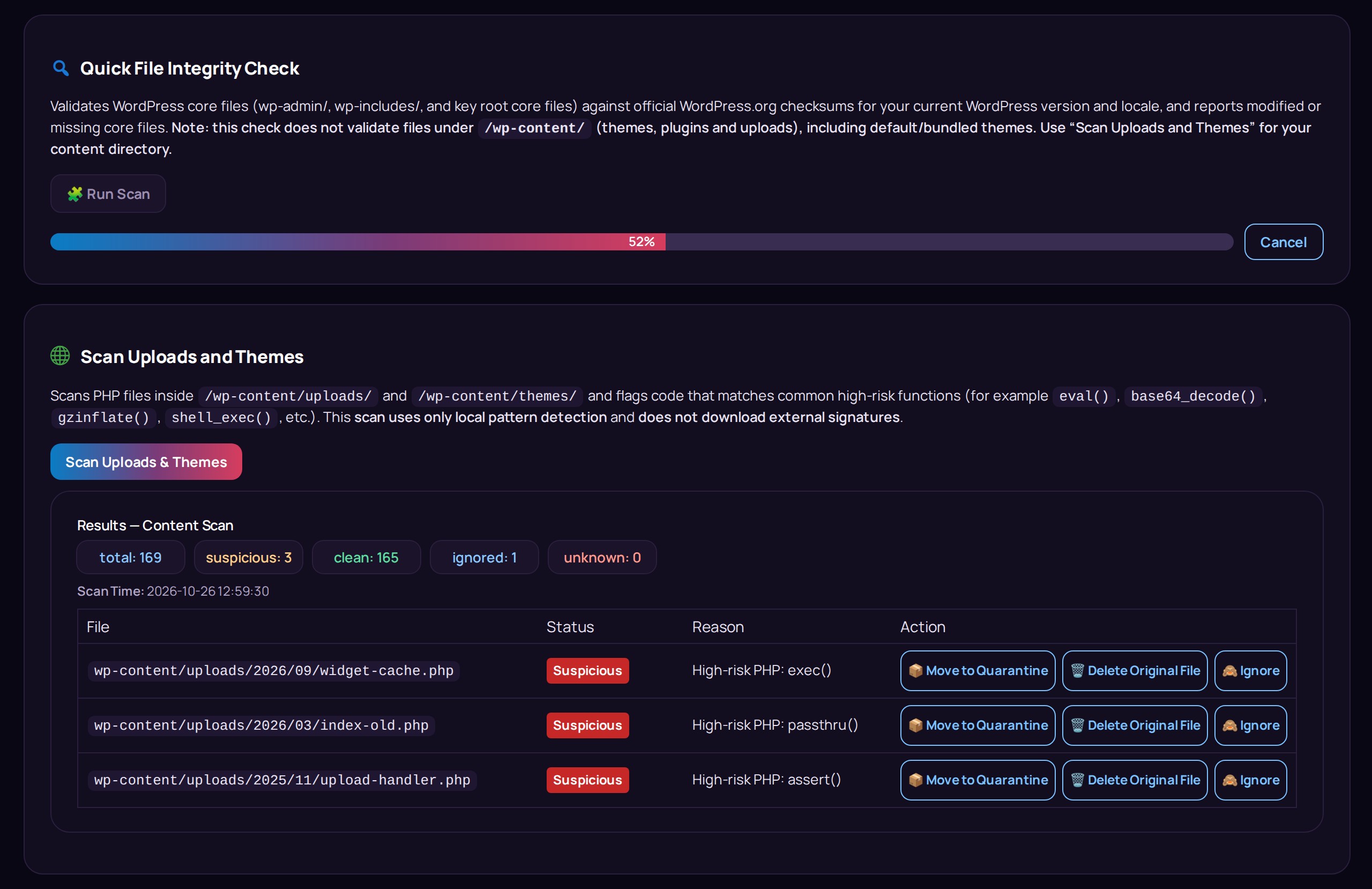 Scans – the Quick File Integrity Check in progress and suspicious files found in uploads and themes.