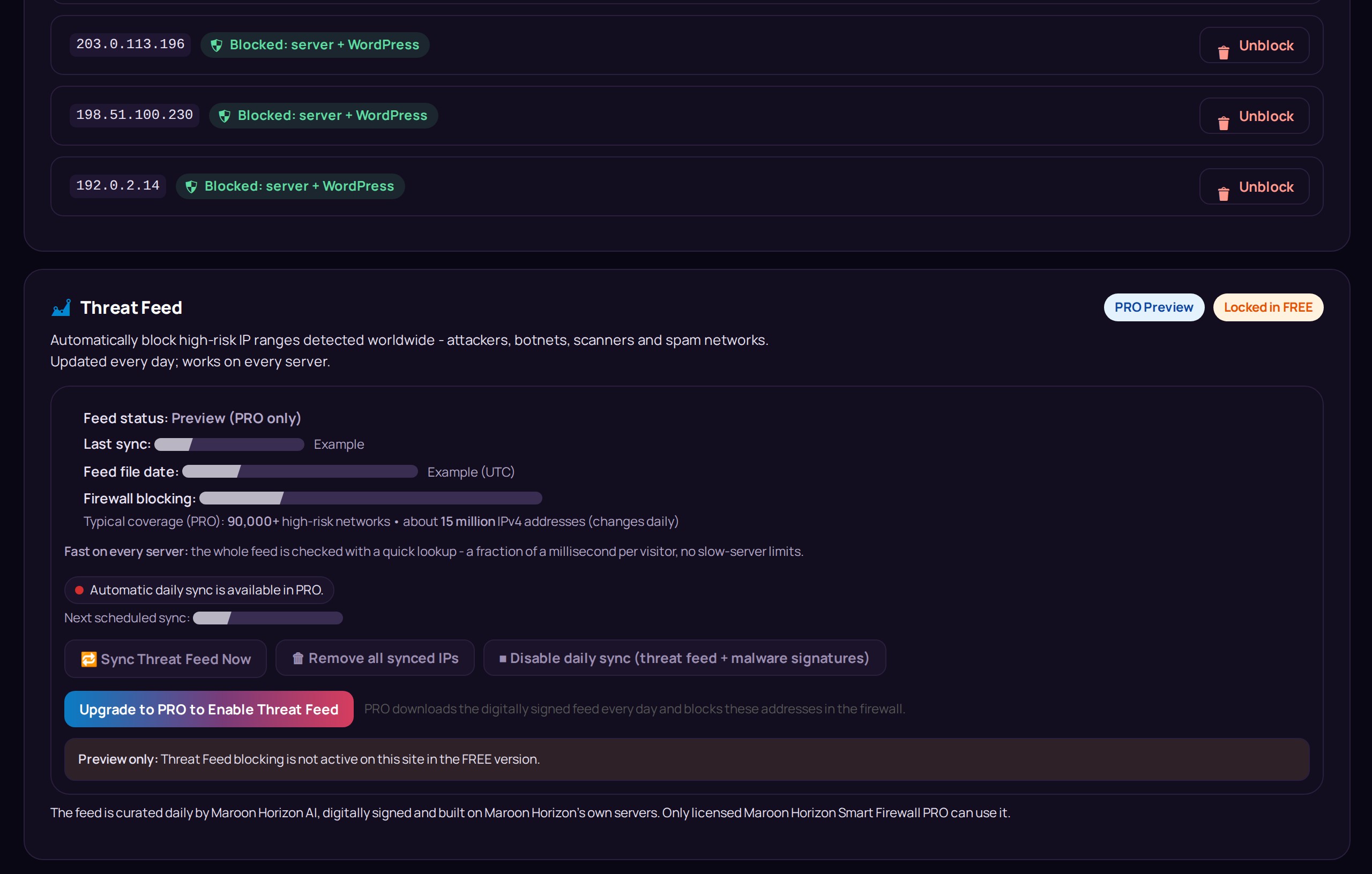 Threat Feed (PRO) – the daily, digitally signed feed of high-risk networks curated by Maroon Horizon AI.