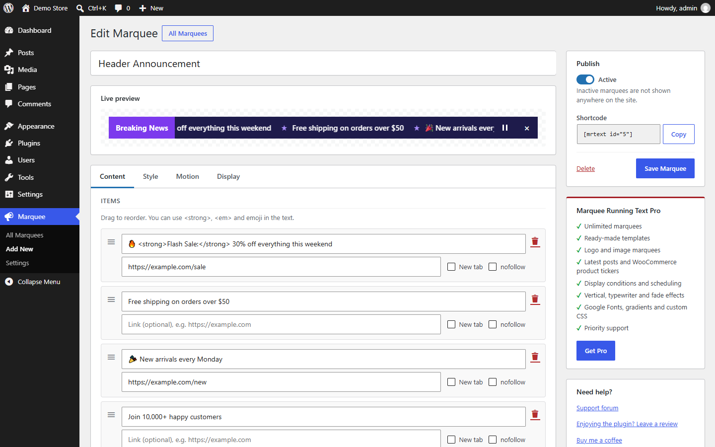 The marquee builder with live preview.