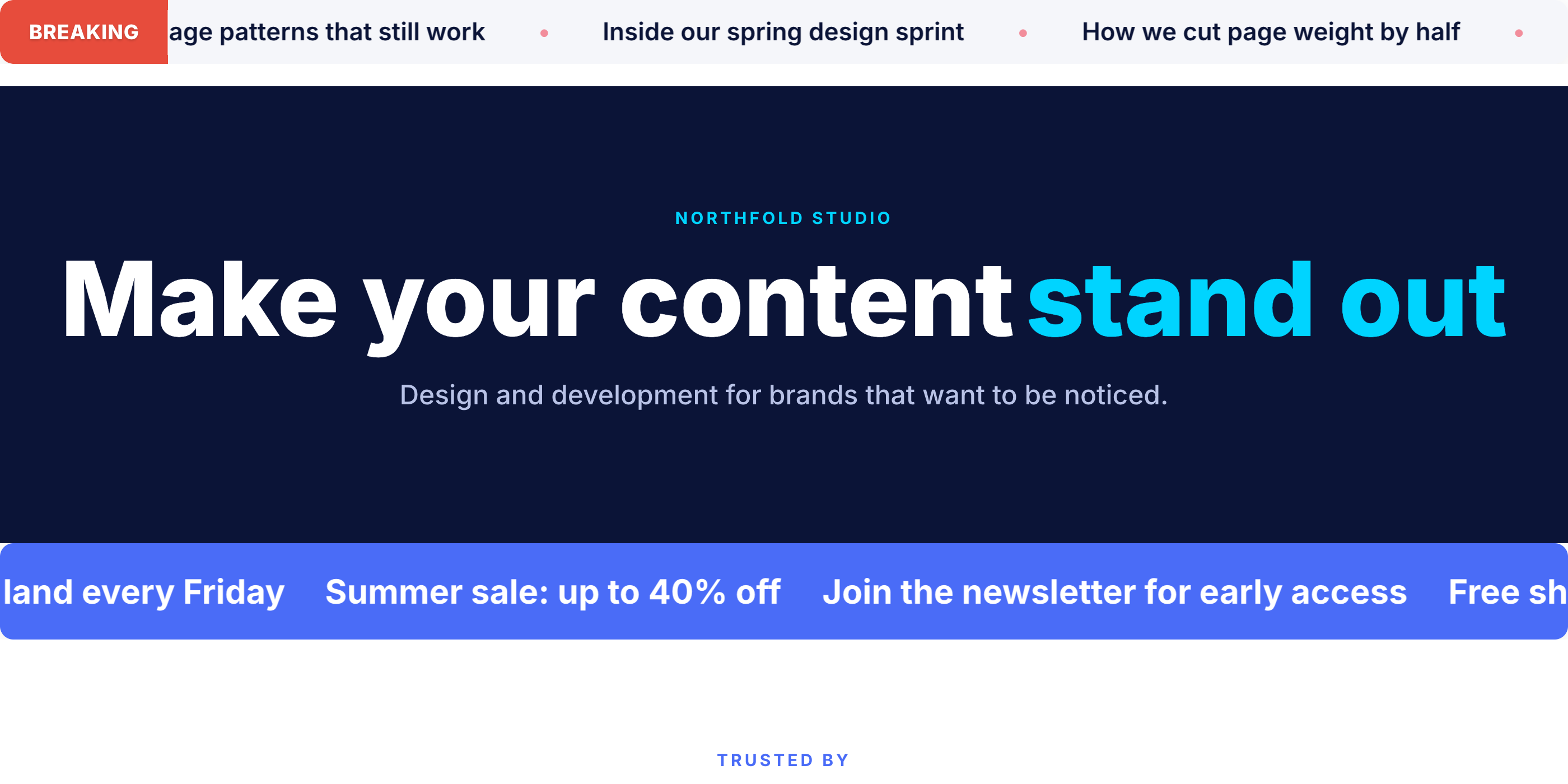 A page built with MarqueeX — a news ticker, an animated heading and a scrolling text marquee