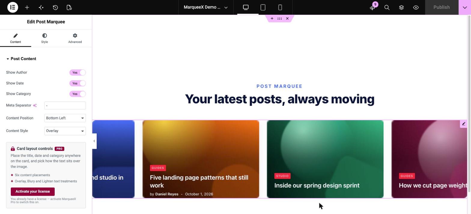 Post Marquee widget in Elementor, with its content controls
