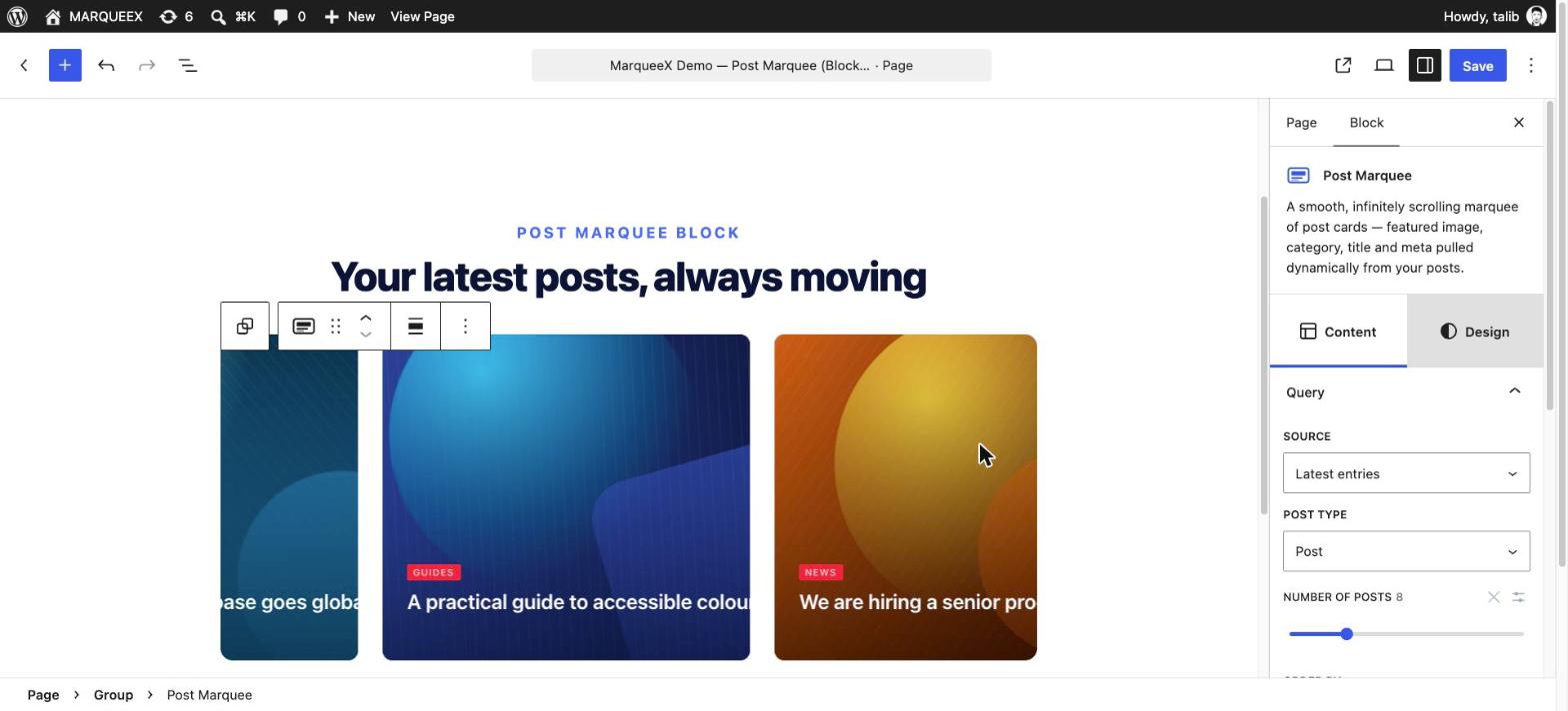 Post Marquee block in the block editor, with query settings in the sidebar
