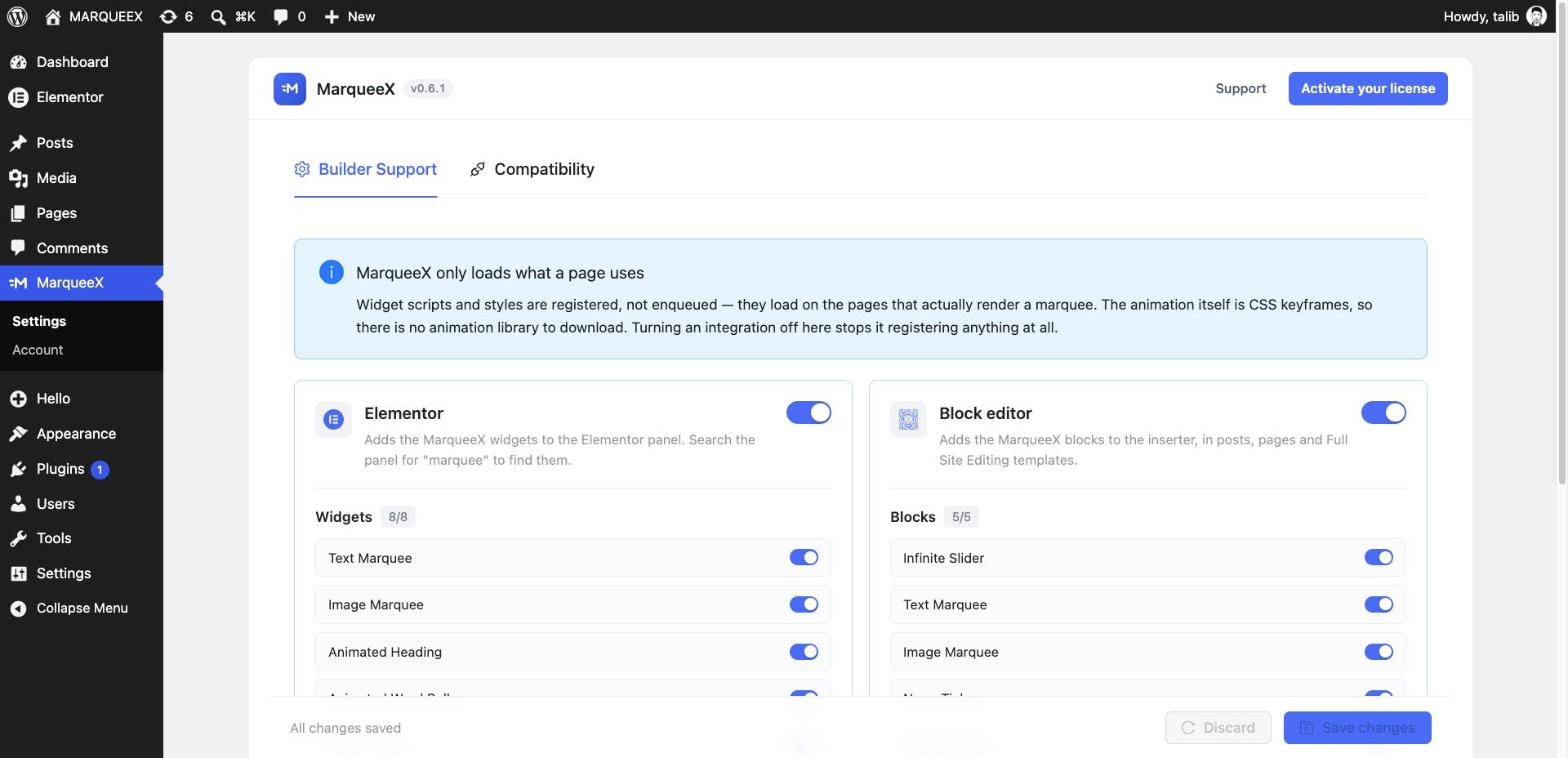 MarqueeX settings — switch each builder, widget and block on or off