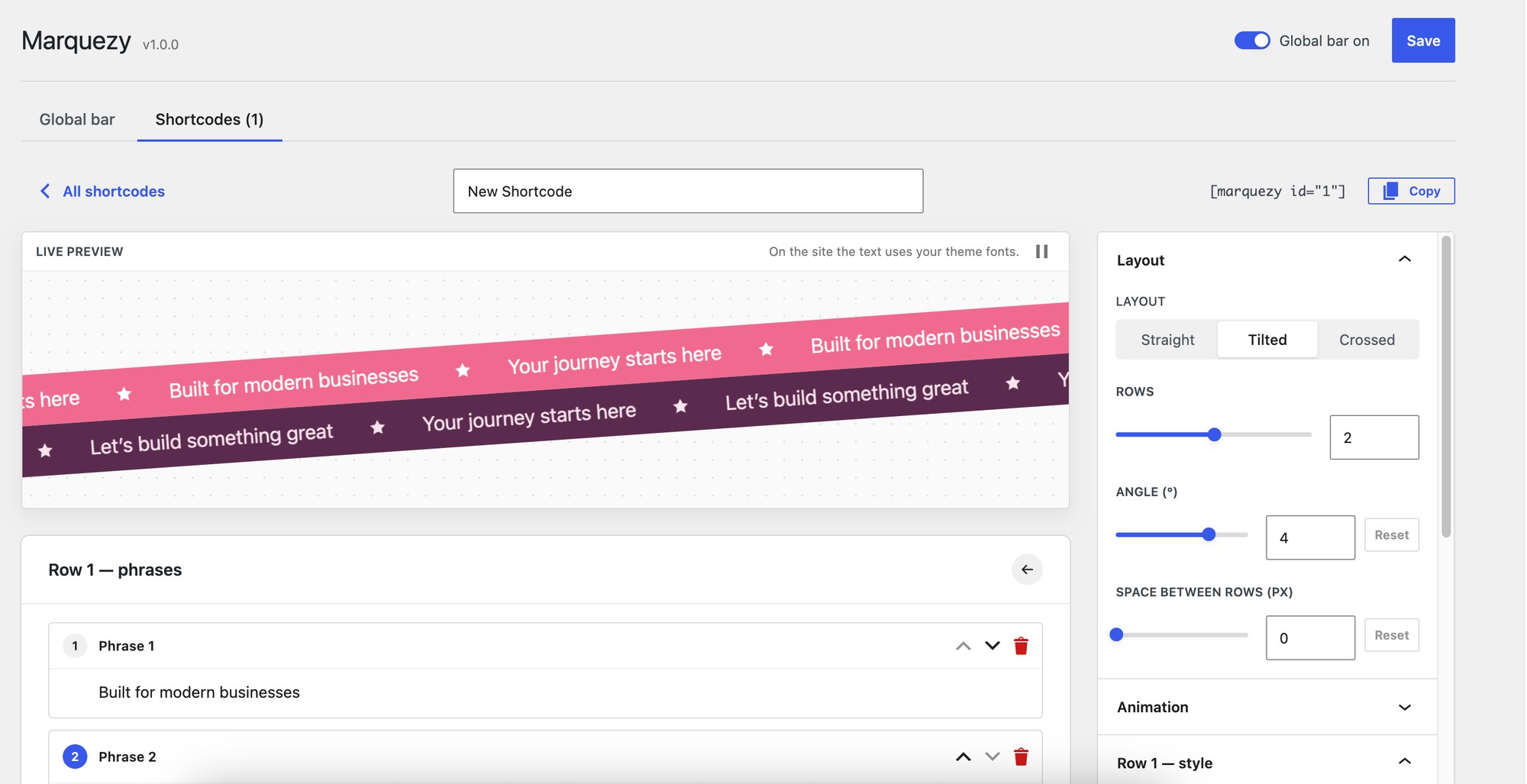 Shortcode builder: the same options as the block, with a tilted two-row layout and a live preview.