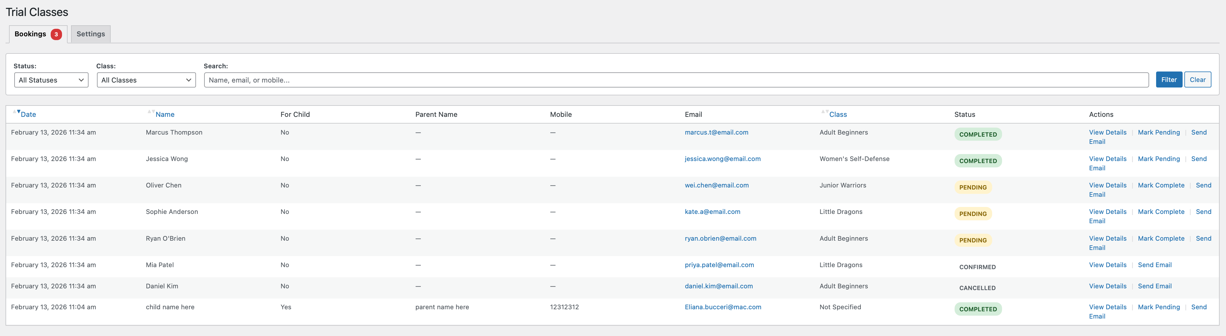 Trial Class Bookings - Manage trial class requests with status tracking