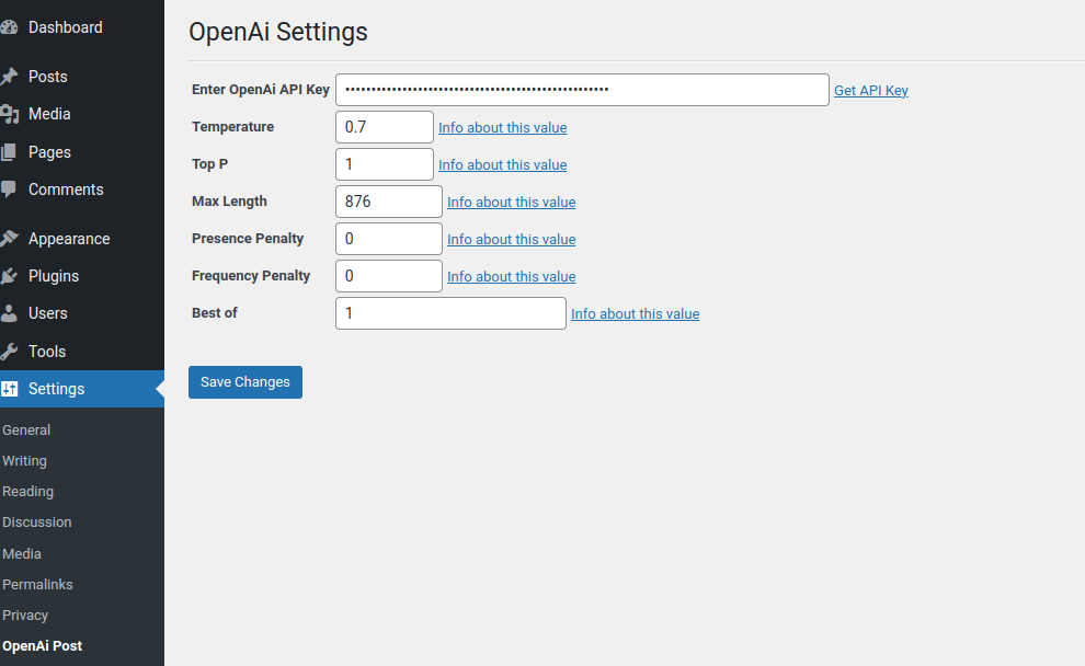 The Settings screen for the plugin.